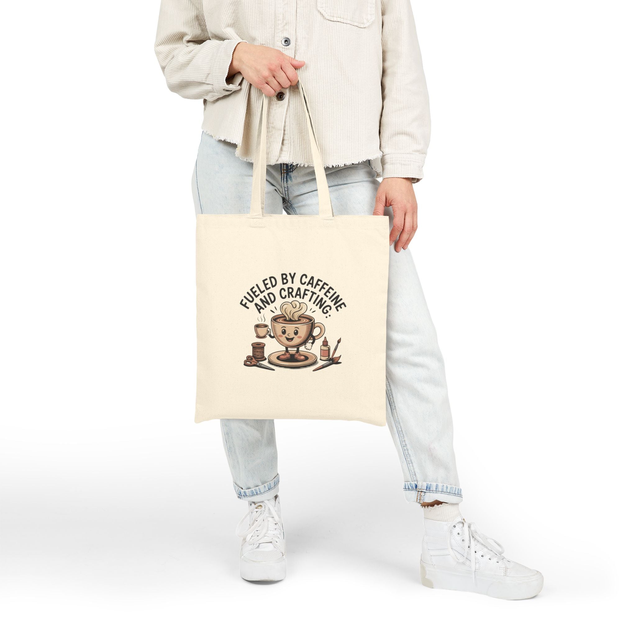 Fueled By Caffeine and Crafting Cotton Canvas Tote Bag, Black or Neutral Color, Reusable Grocery Bag, Crafting Group Matching Totes