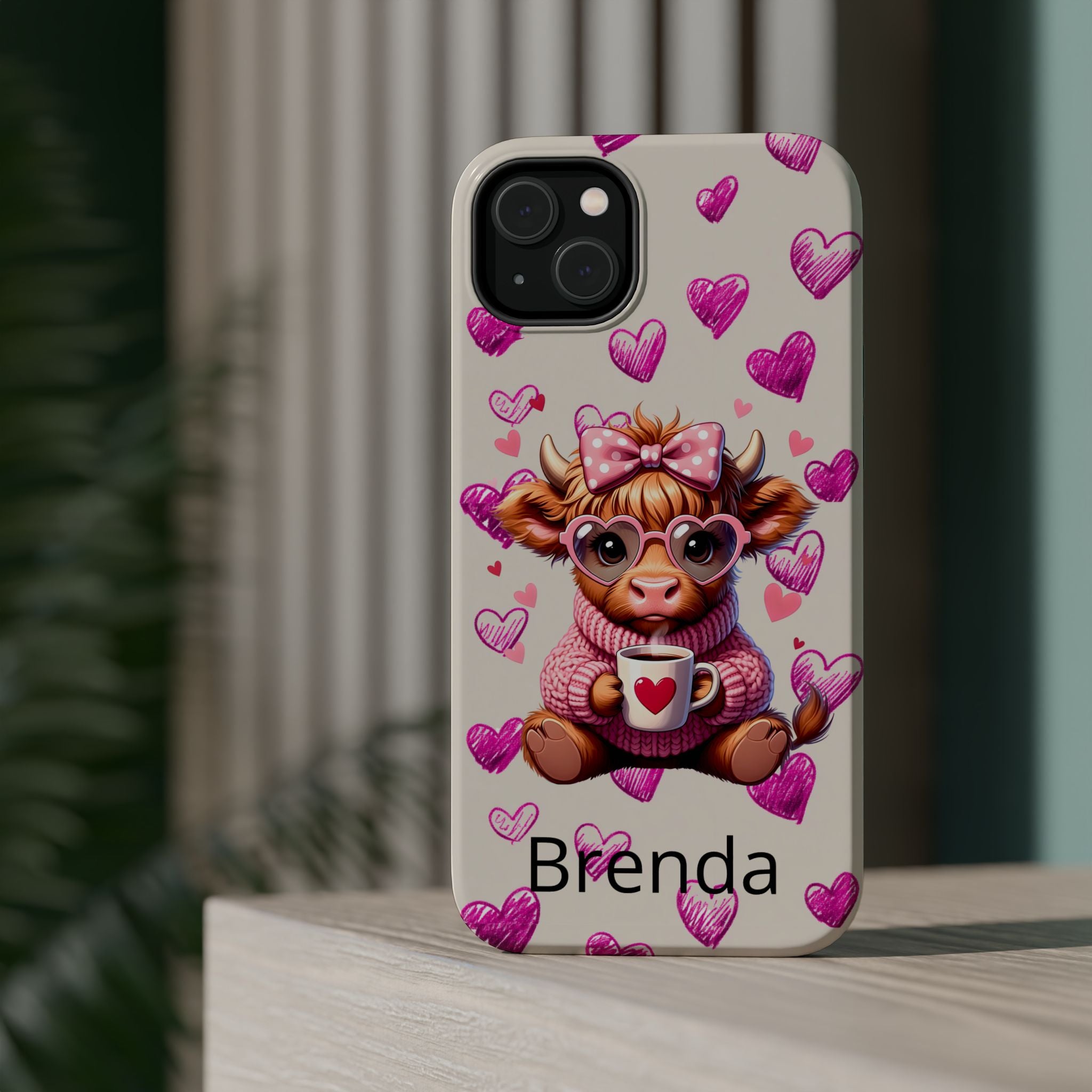 Highland Cow With Pink Hearts iPhone Case, Valentines Magnetic Impact-Resistant Case