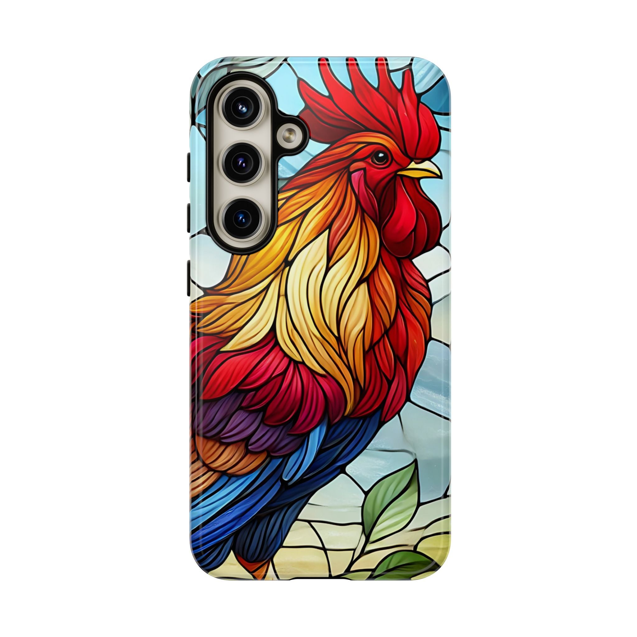 Rooster Faux Stained Glass Phone Case – 3D Full-Wrap Protective Cover with TPU Liner