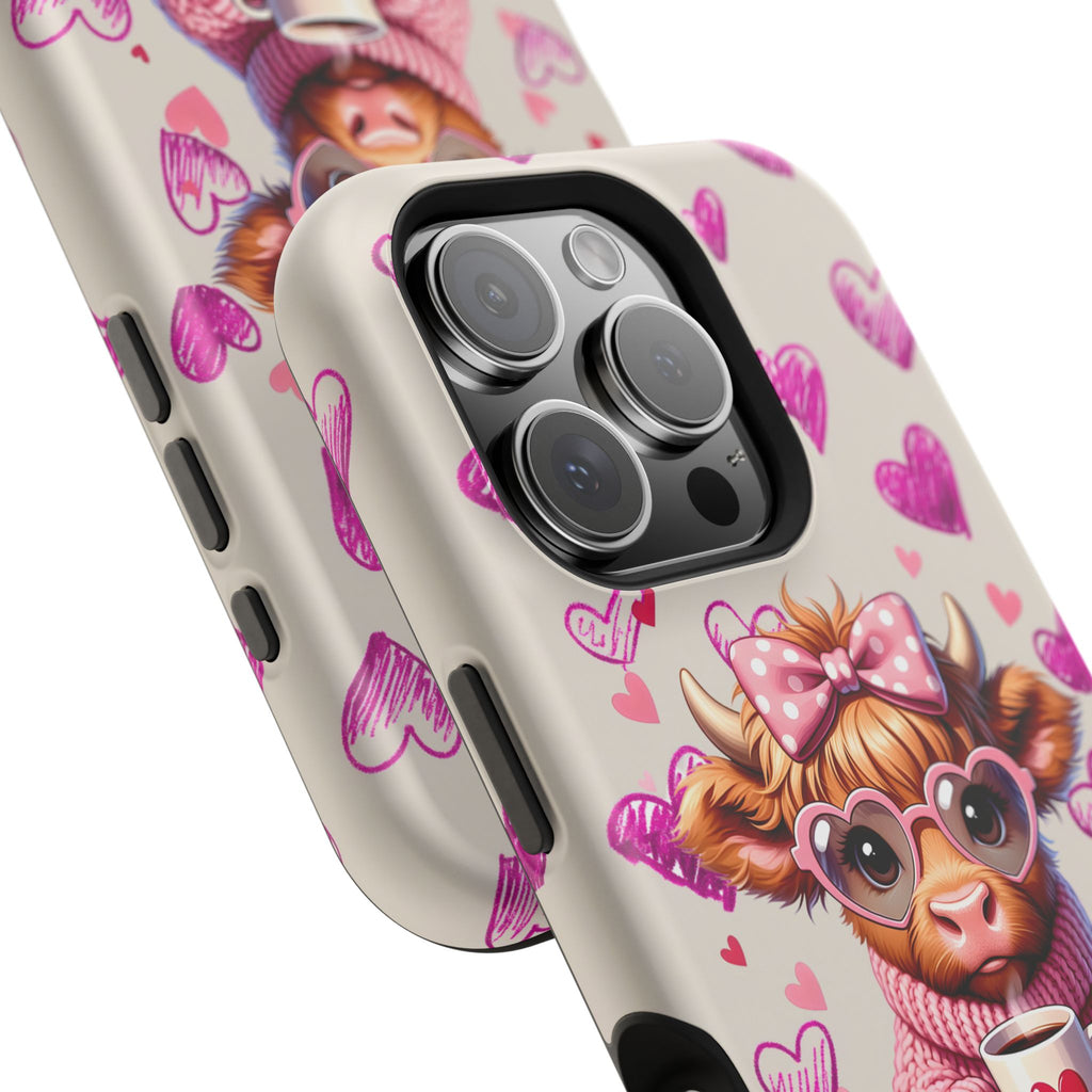 Highland Cow With Pink Hearts iPhone Case, Valentines Magnetic Impact-Resistant Case