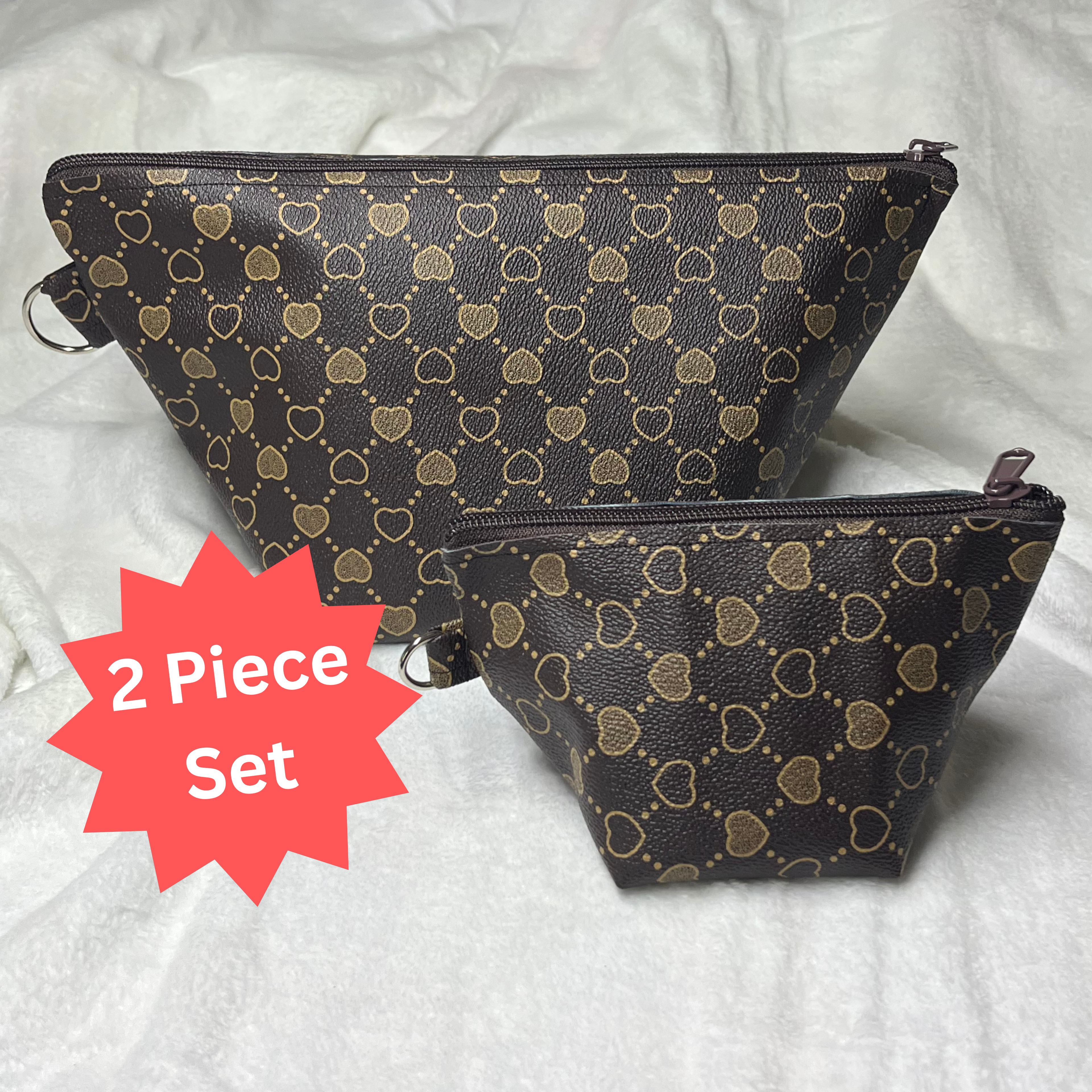Faux Leather Heart Brown Print Zipper Bag Set – Travel Cosmetic Pouches & Makeup Organizer