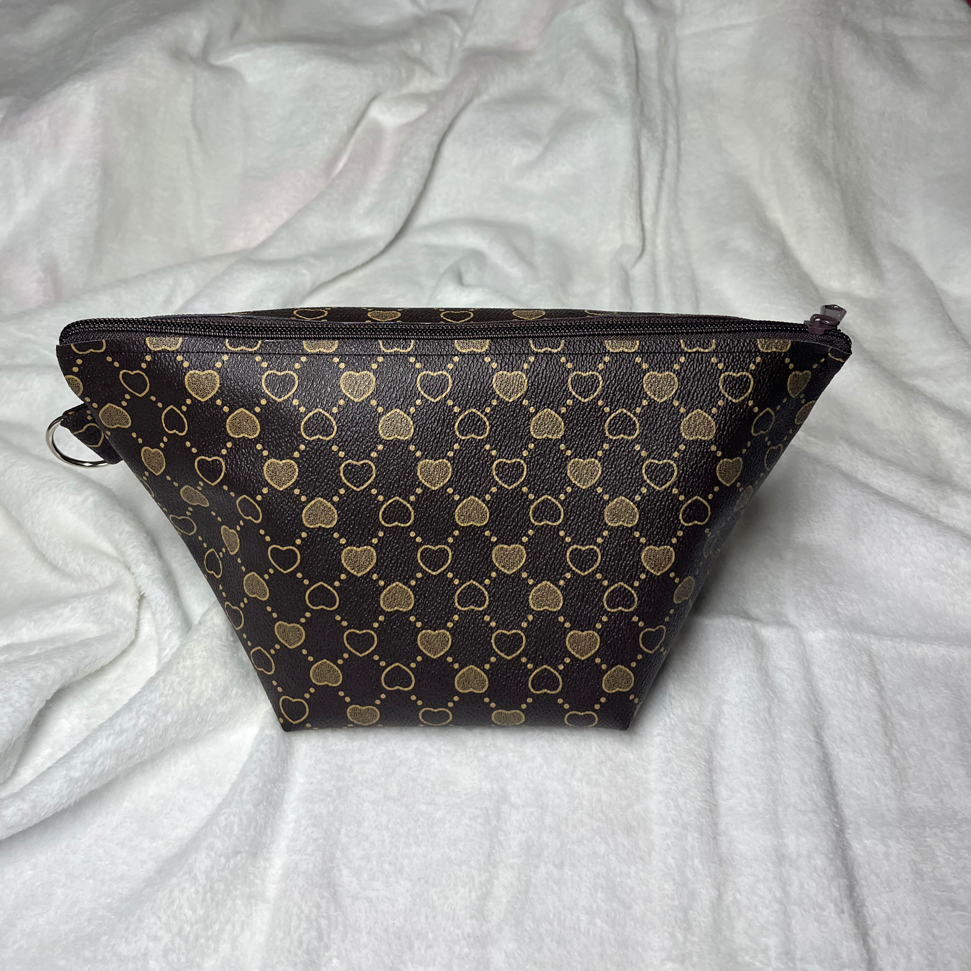 Faux Leather Heart Brown Print Zipper Bag Set – Travel Cosmetic Pouches & Makeup Organizer