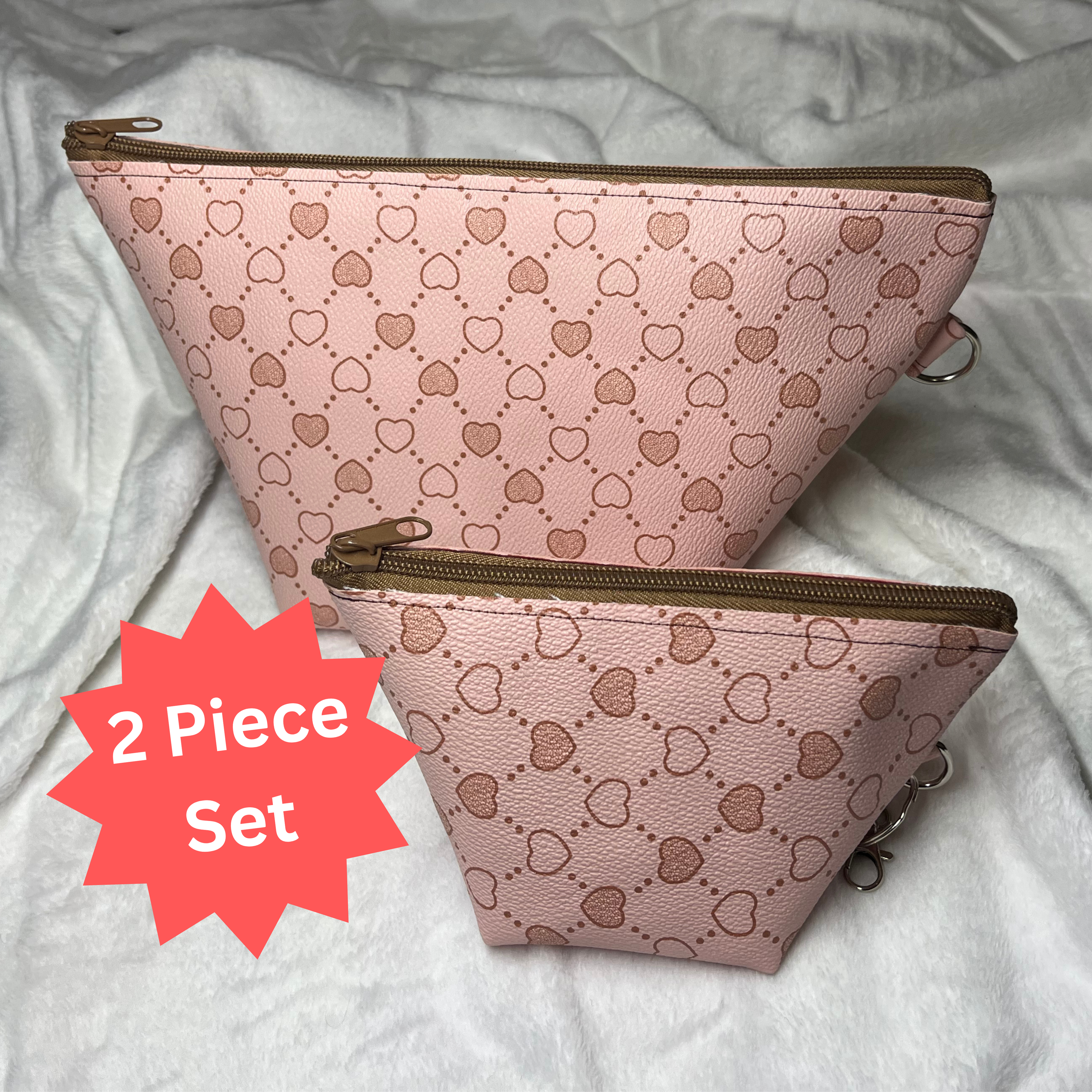 Faux Leather Heart Print Taupe Zipper Bag Set – Travel Cosmetic Pouches & Makeup Organizer