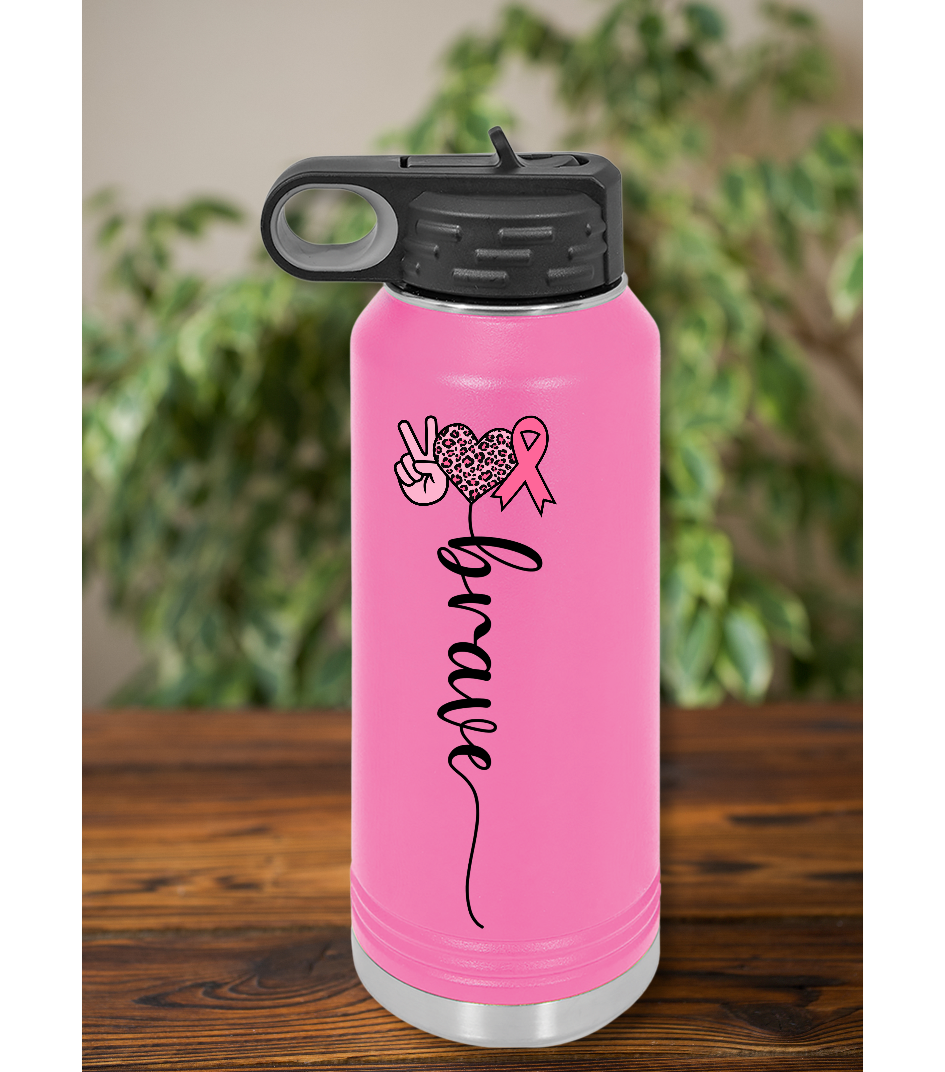 Brave Breast Cancer Water Bottle – Personalized Pink Ribbon Design