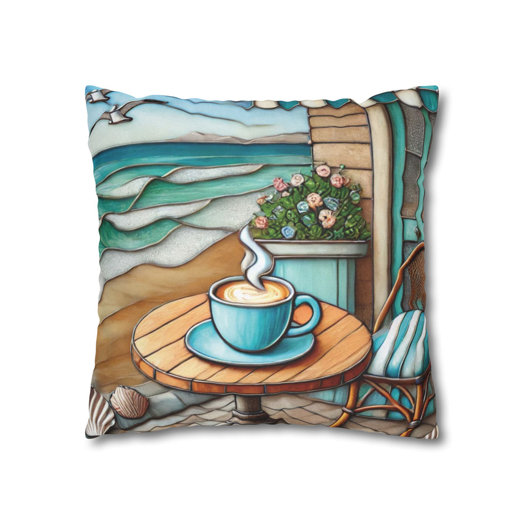 Cozy Beach Vibes Coffee Themed Throw Pillow Cover, Coastal Java Inspired Stained Glass Pillowcase