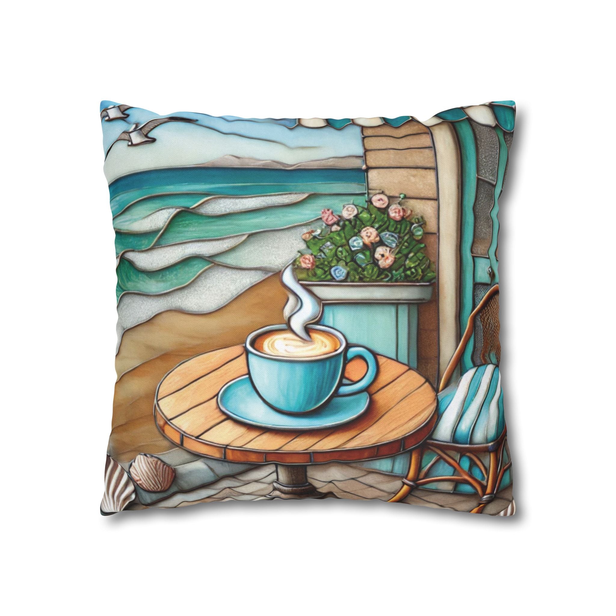 Cozy Beach Vibes Coffee Themed Throw Pillow Cover, Coastal Java Inspired Stained Glass Pillowcase