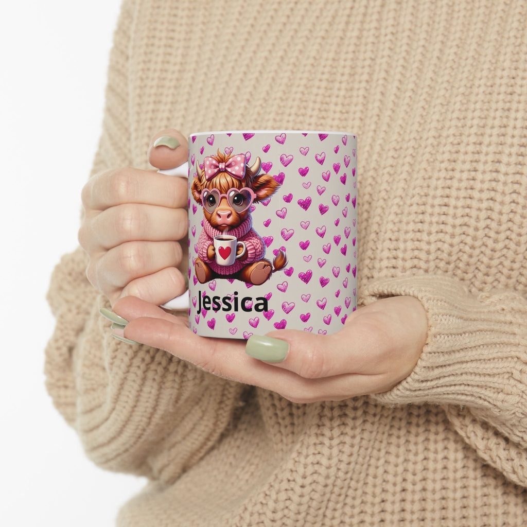 Custom Highland Cow With Pink Hearts Mug, Personalized Valentine Ceramic Coffee Cup