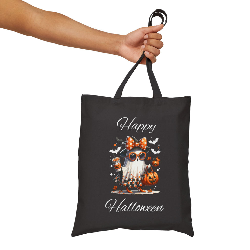 Cotton Canvas Halloween Trick or Treat Tote Bag, Fall Decor Reusable Shopping Bag Bougie Ghost Design Teacher Gift Sturdy Student Laptop Bag