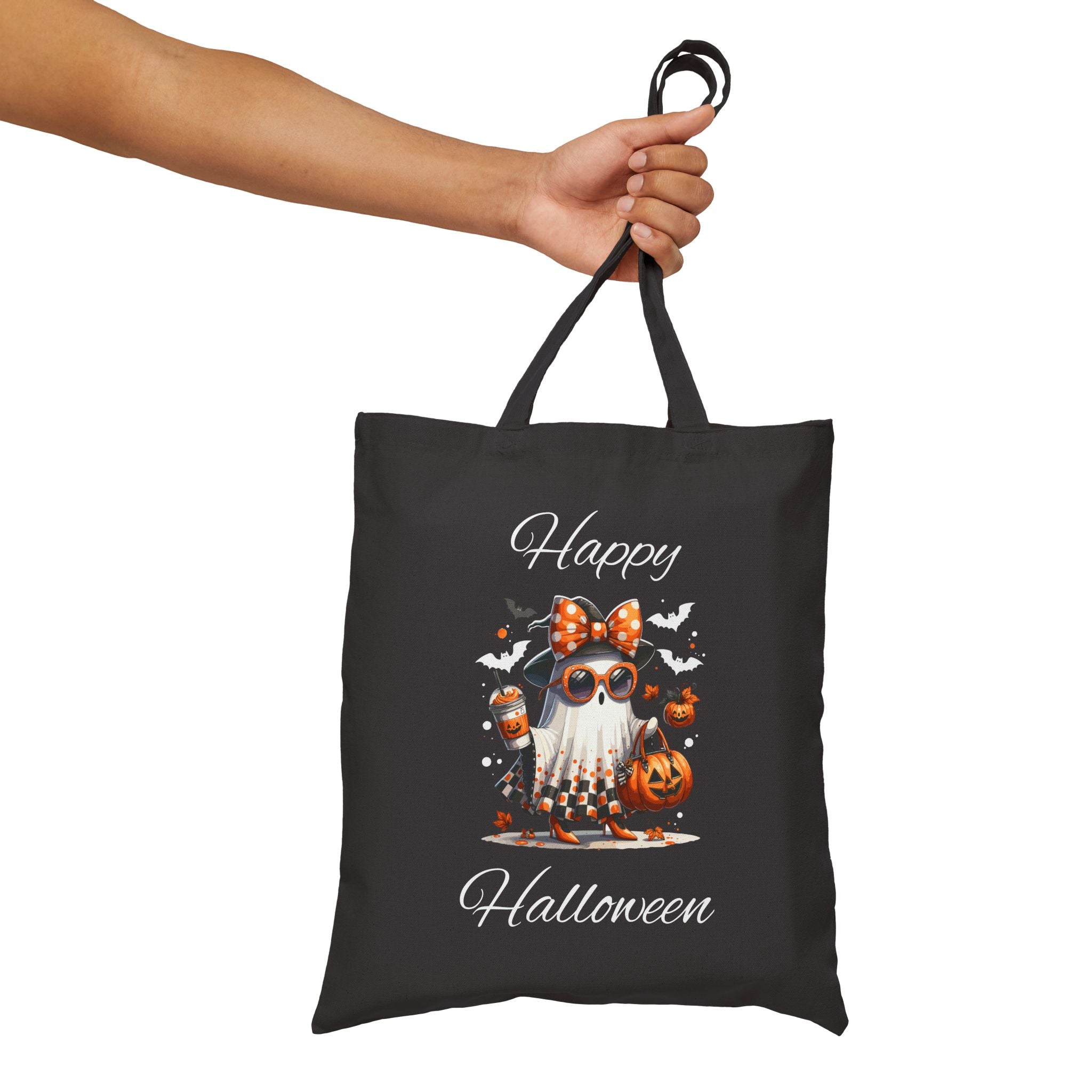 Cotton Canvas Halloween Trick or Treat Tote Bag, Fall Decor Reusable Shopping Bag Bougie Ghost Design Teacher Gift Sturdy Student Laptop Bag