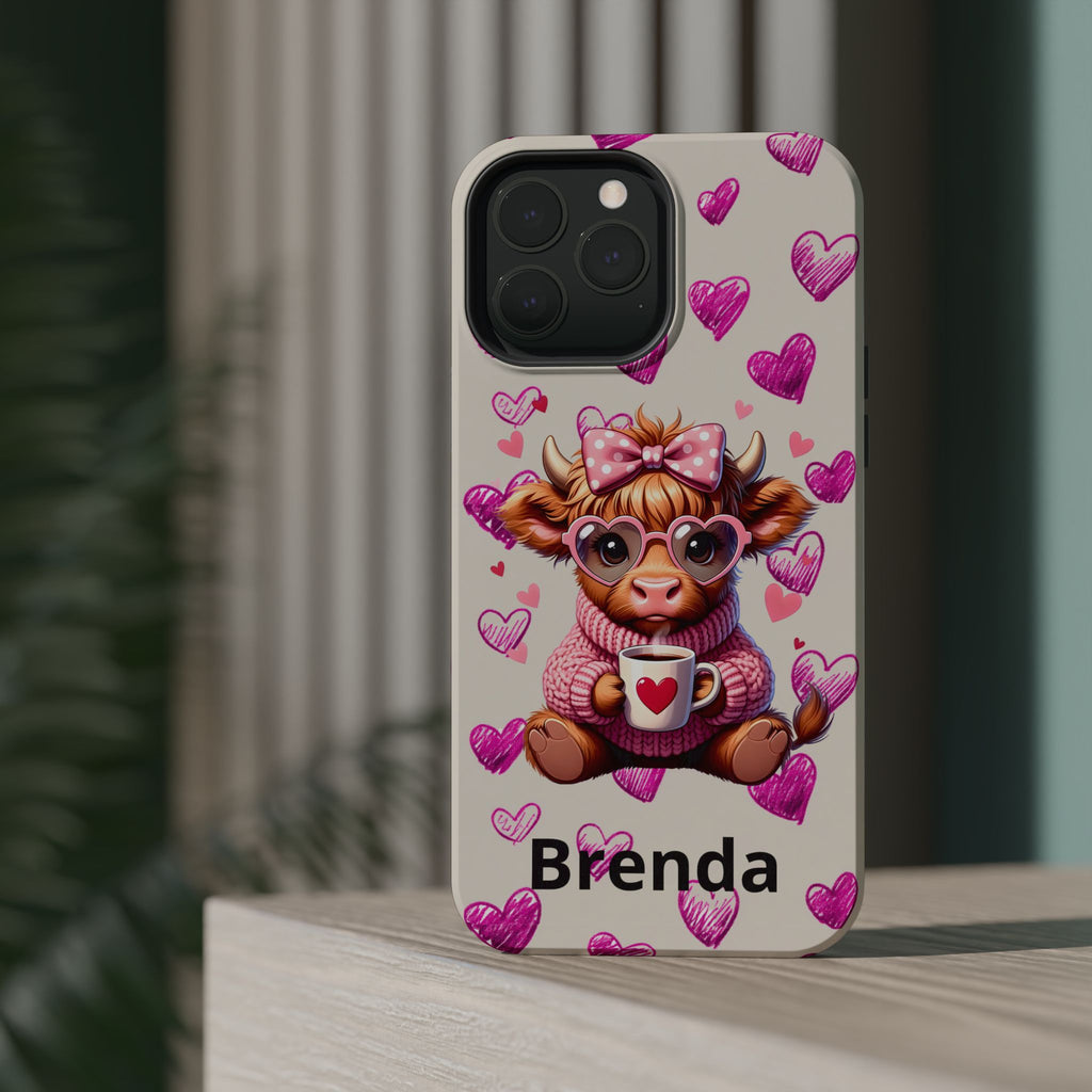 Highland Cow With Pink Hearts iPhone Case, Valentines Magnetic Impact-Resistant Case