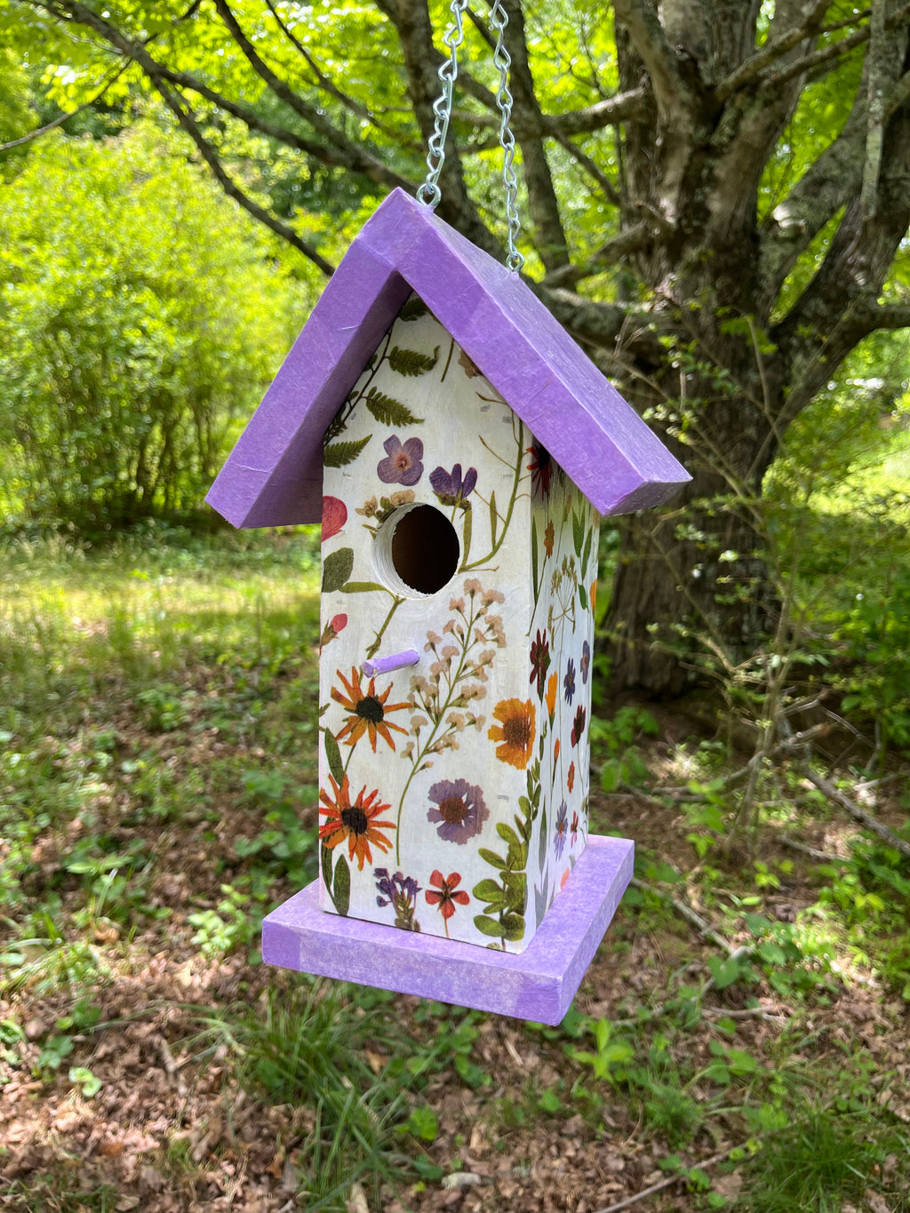 Handmade Purple Wildflower Wooden Birdhouse