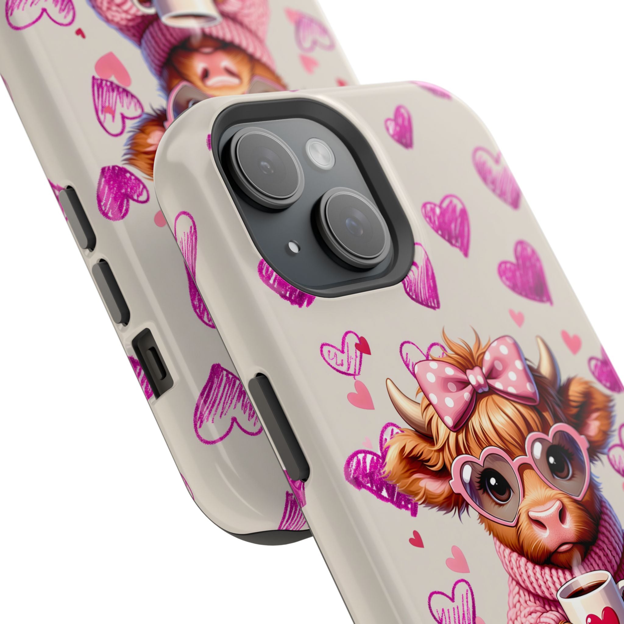 Highland Cow With Pink Hearts iPhone Case, Valentines Magnetic Impact-Resistant Case
