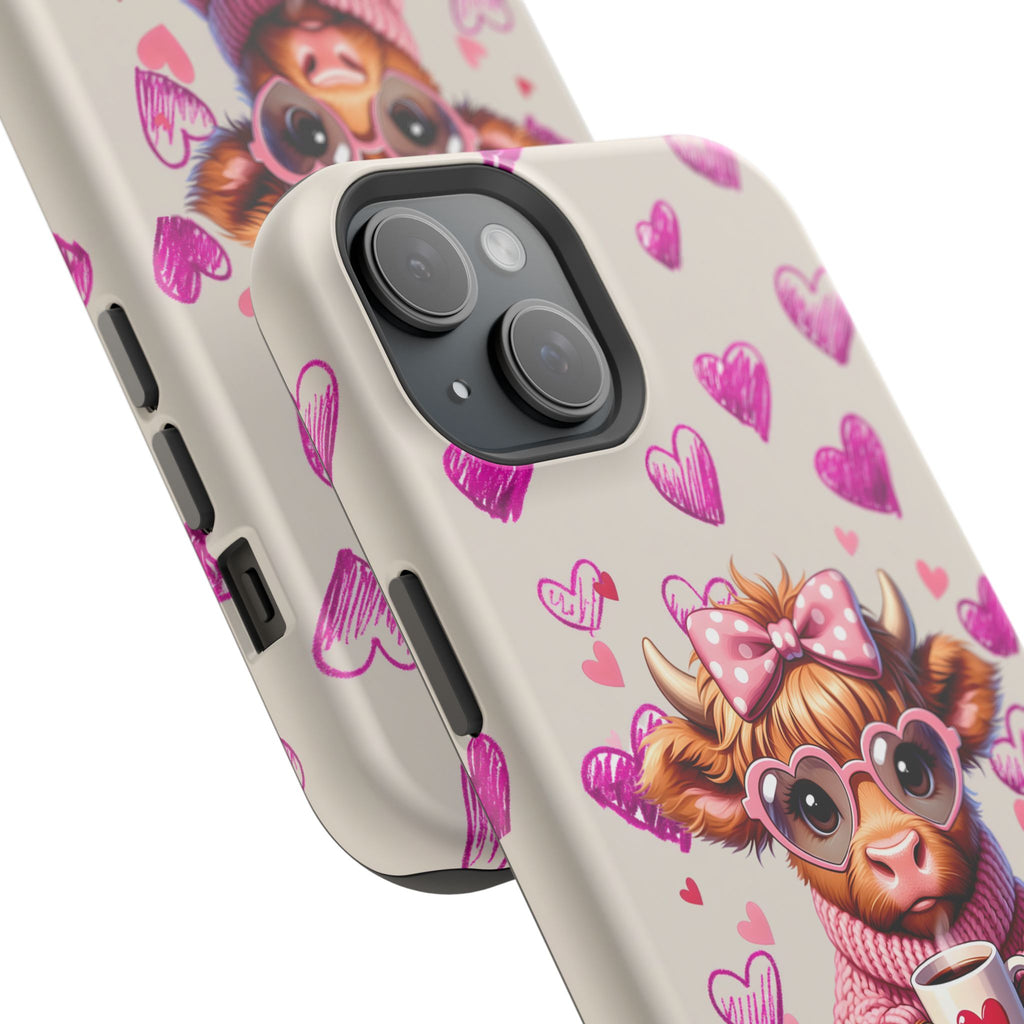 Highland Cow With Pink Hearts iPhone Case, Valentines Magnetic Impact-Resistant Case