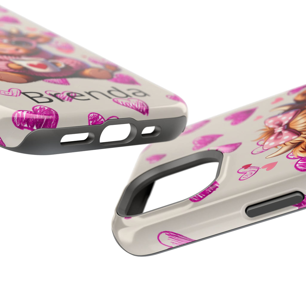 Highland Cow With Pink Hearts iPhone Case, Valentines Magnetic Impact-Resistant Case
