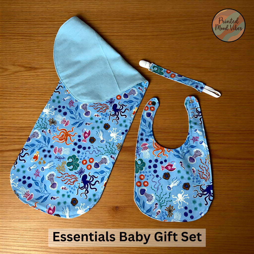 Glow in the Dark Ocean Baby Gift Set – Bib, Burp Cloth & Pacifier Holder (Newborn 1–3 Months)