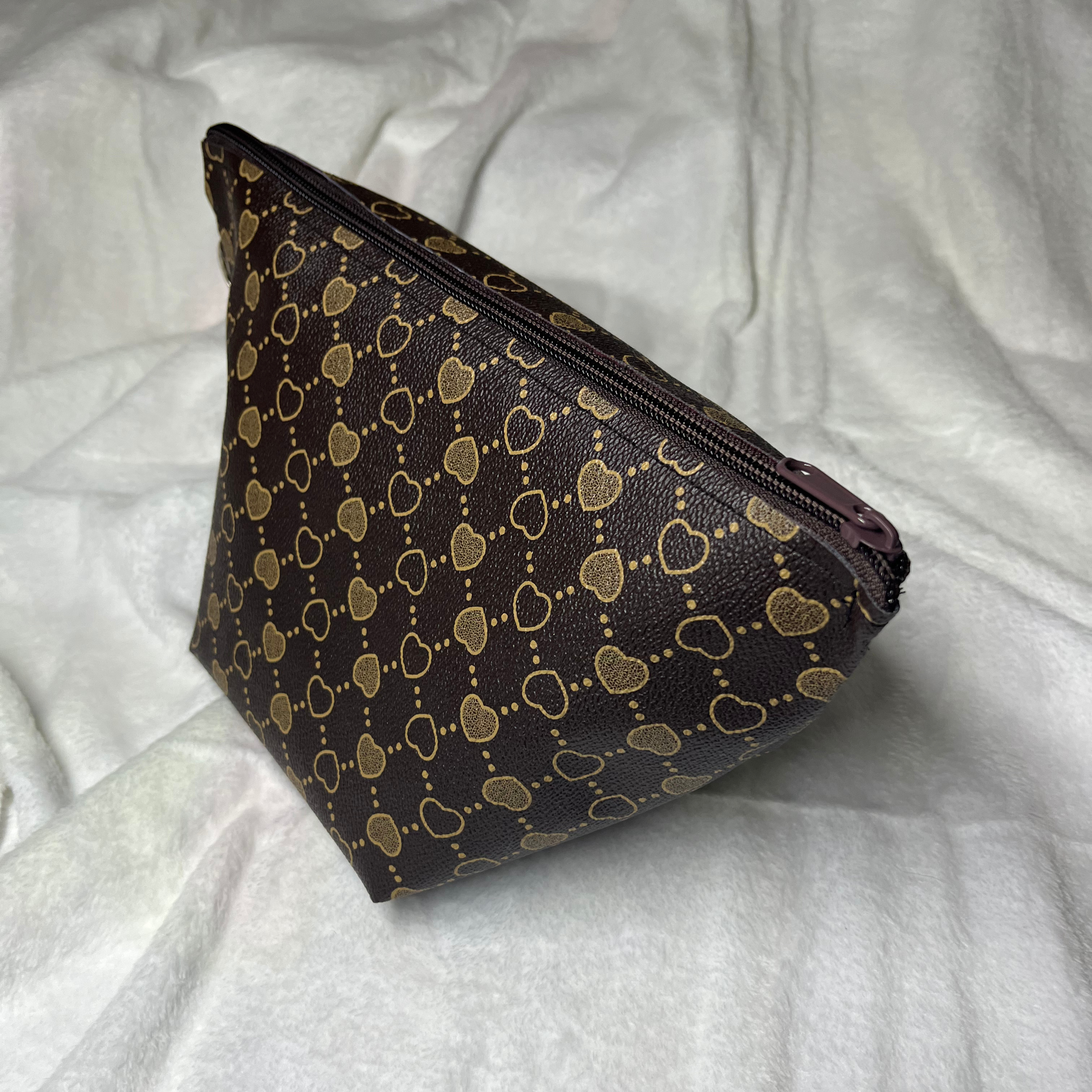 Faux Leather Heart Brown Print Zipper Bag Set – Travel Cosmetic Pouches & Makeup Organizer