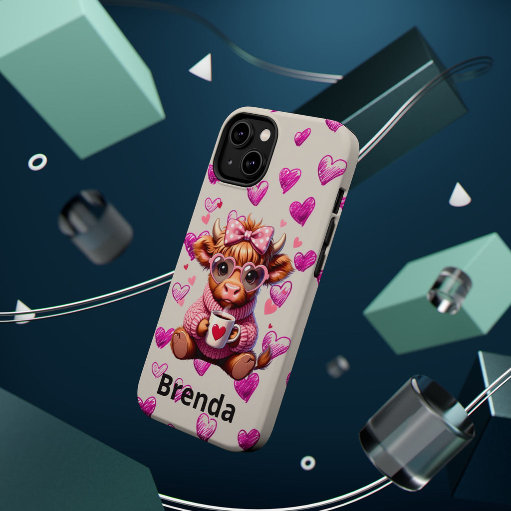 Highland Cow With Pink Hearts iPhone Case, Valentines Magnetic Impact-Resistant Case