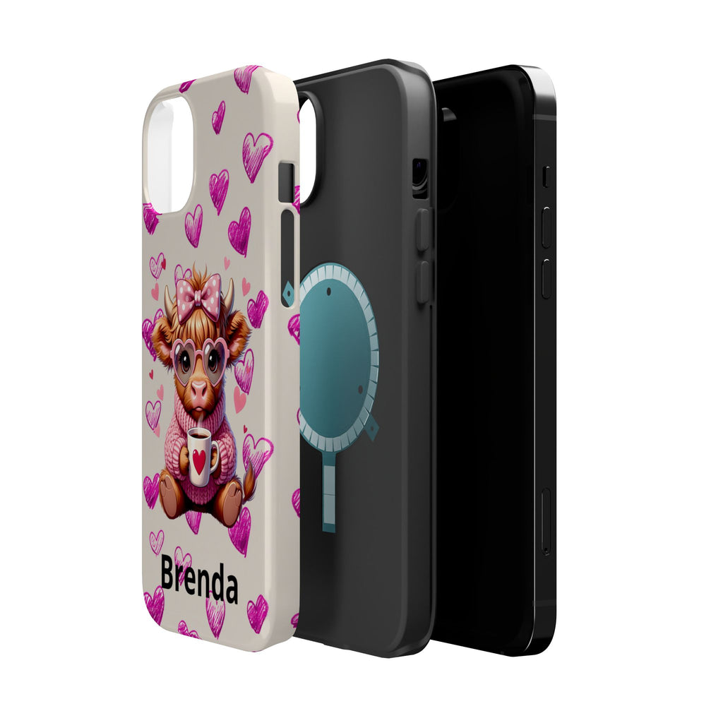 Highland Cow With Pink Hearts iPhone Case, Valentines Magnetic Impact-Resistant Case