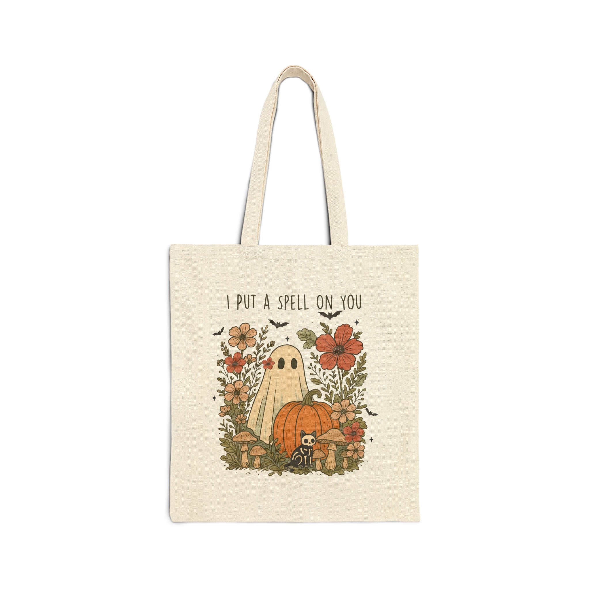 Floral Cottagecore Cotton Canvas Spooky Season Tote Bag,  Reusable Halloween Computer Bag, Cozy Fall Themed Teacher Gift, Trick-or-treat bag