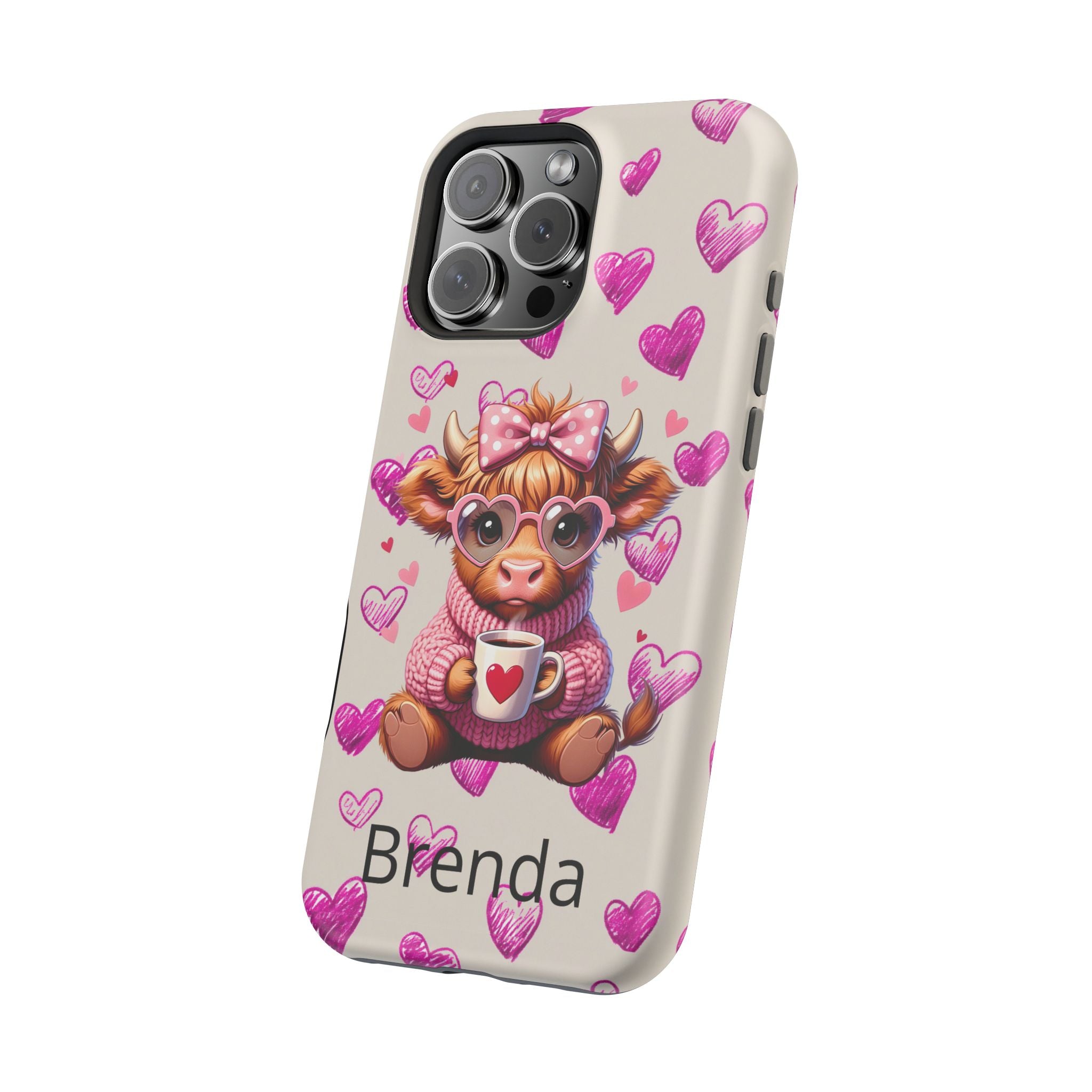 Highland Cow With Pink Hearts iPhone Case, Valentines Magnetic Impact-Resistant Case