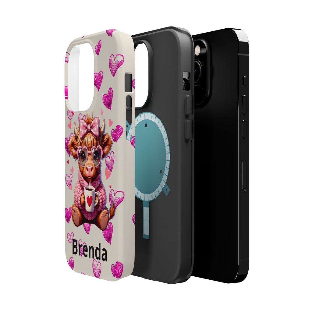 Highland Cow With Pink Hearts iPhone Case, Valentines Magnetic Impact-Resistant Case
