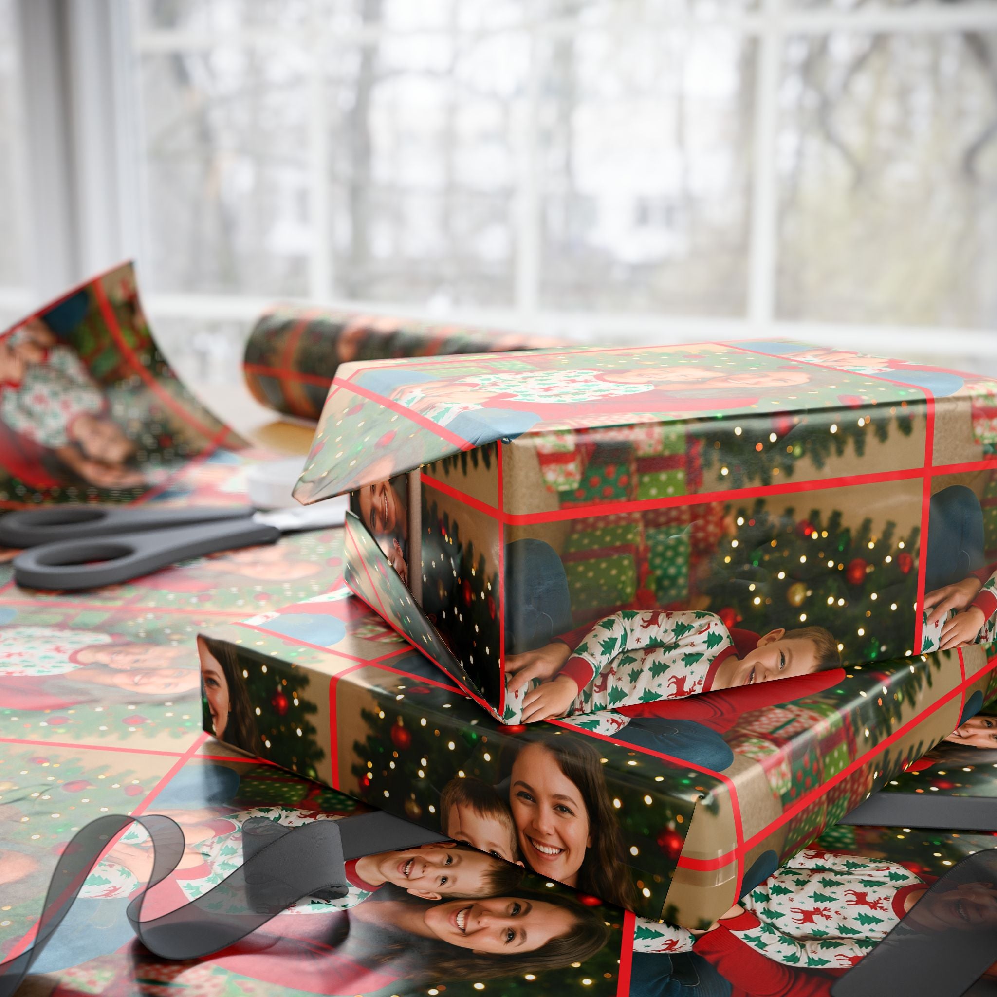 Personalized Christmas Family Portrait Wrapping Paper Roll, Holiday Gift Wrap