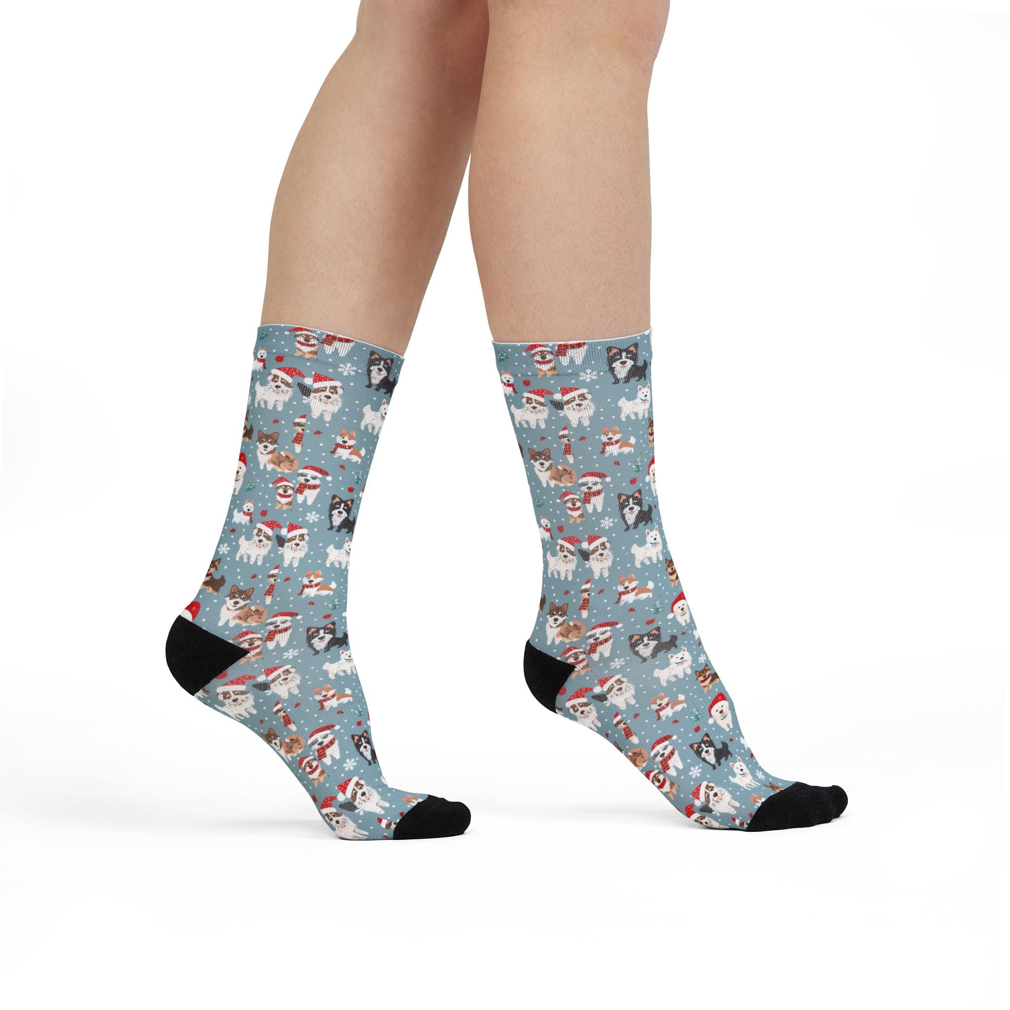 Christmas Dog Pattern Crew Socks — Holiday Huskies & Santa Pups Sublimation Socks