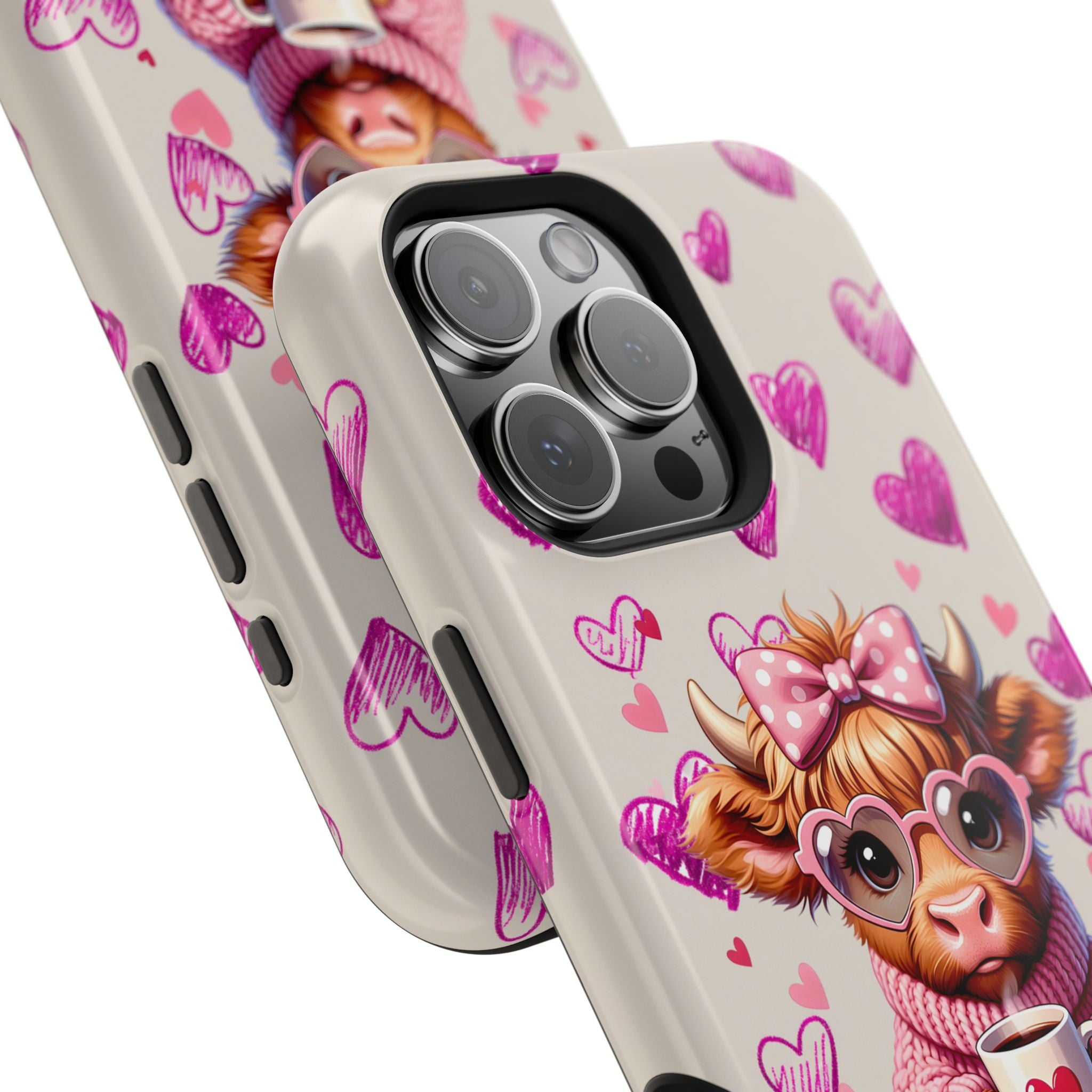 Highland Cow With Pink Hearts iPhone Case, Valentines Magnetic Impact-Resistant Case
