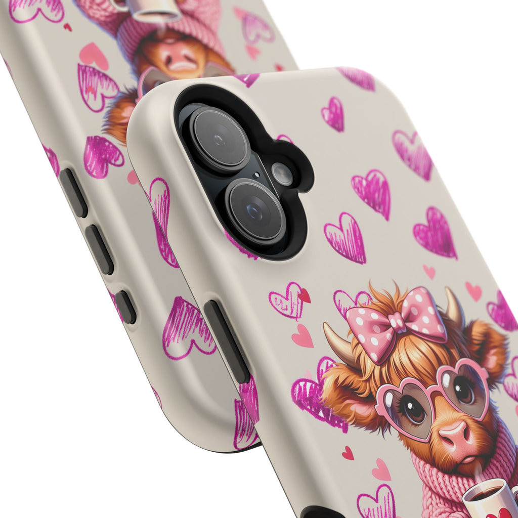 Highland Cow With Pink Hearts iPhone Case, Valentines Magnetic Impact-Resistant Case