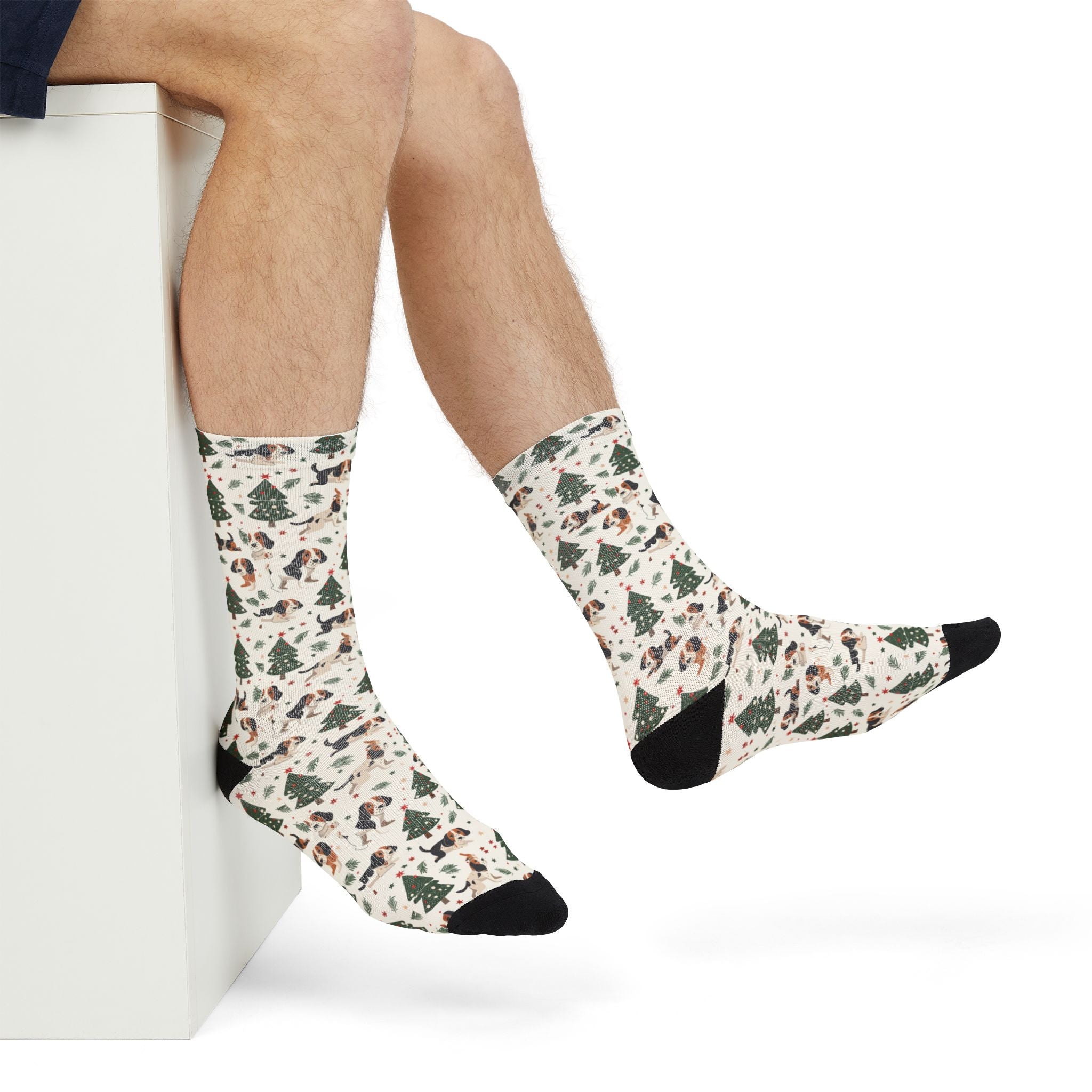Christmas Woodland Dogs Crew Socks — Cute Holiday Trees & Beagles Sublimation Socks