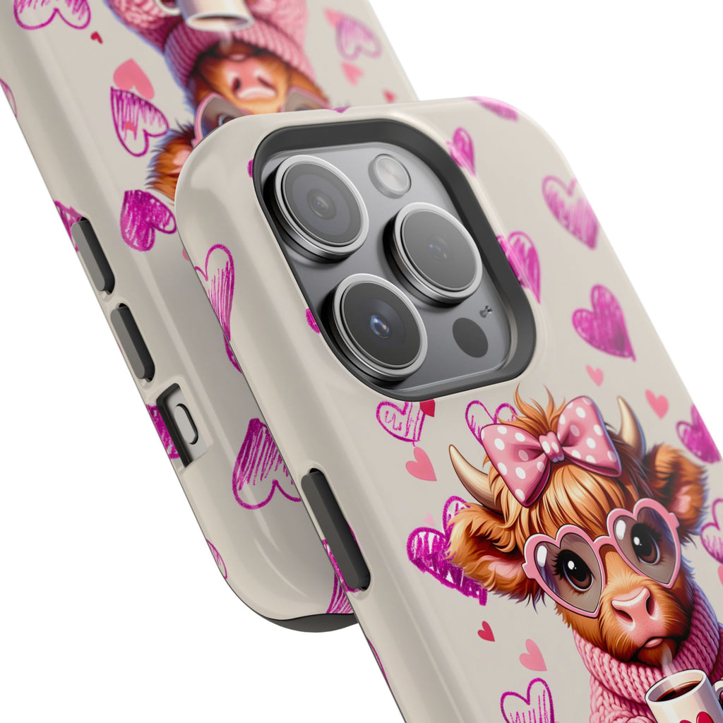 Highland Cow With Pink Hearts iPhone Case, Valentines Magnetic Impact-Resistant Case