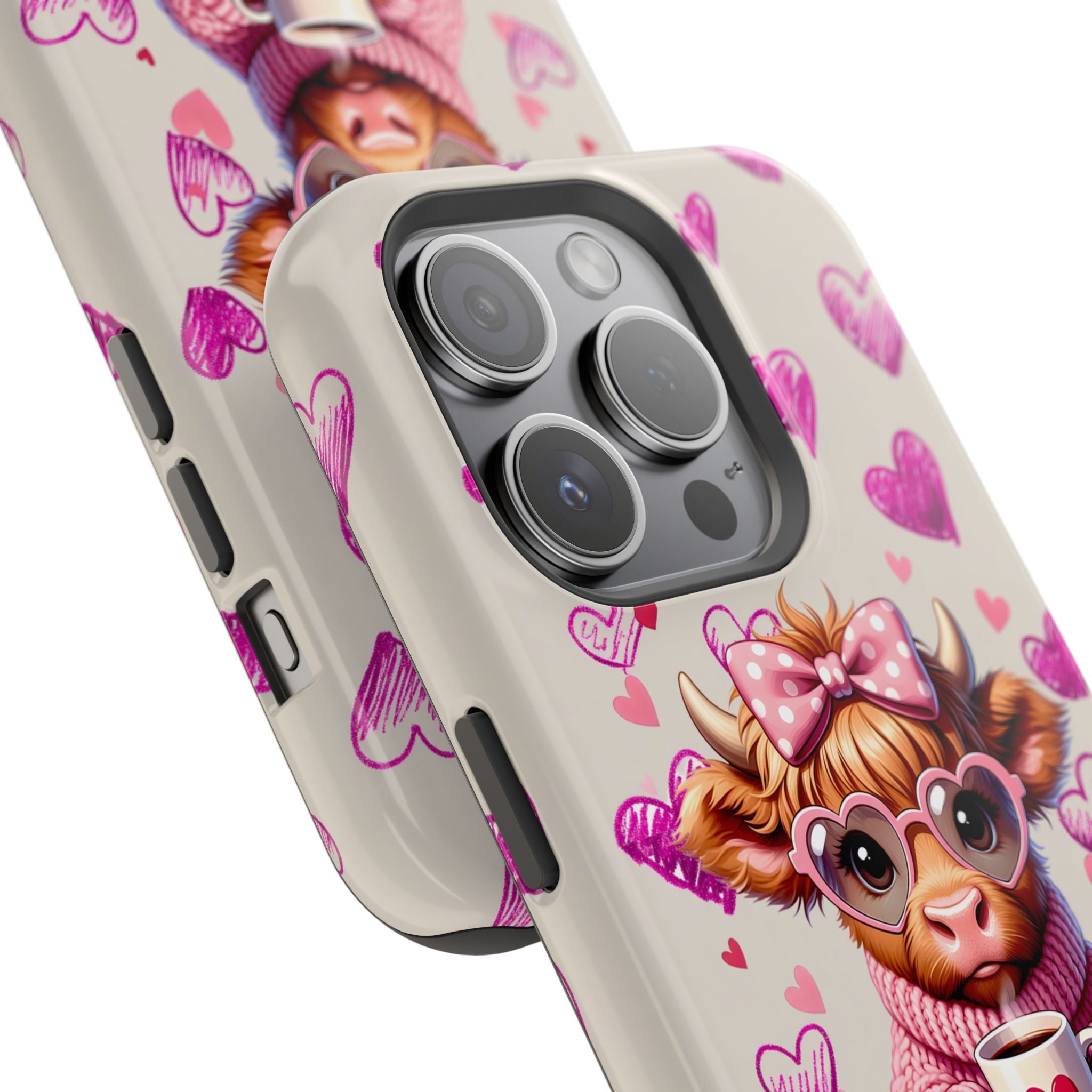 Highland Cow With Pink Hearts iPhone Case, Valentines Magnetic Impact-Resistant Case