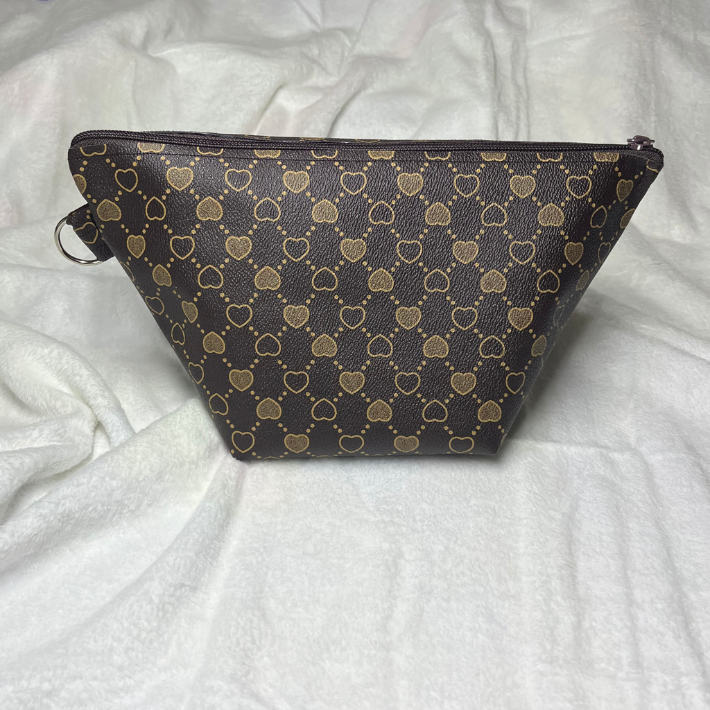 Faux Leather Heart Brown Print Zipper Bag Set – Travel Cosmetic Pouches & Makeup Organizer