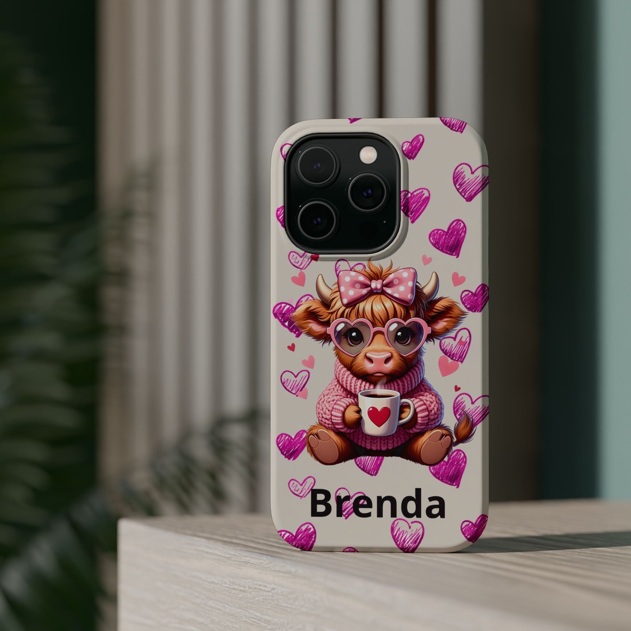 Highland Cow With Pink Hearts iPhone Case, Valentines Magnetic Impact-Resistant Case