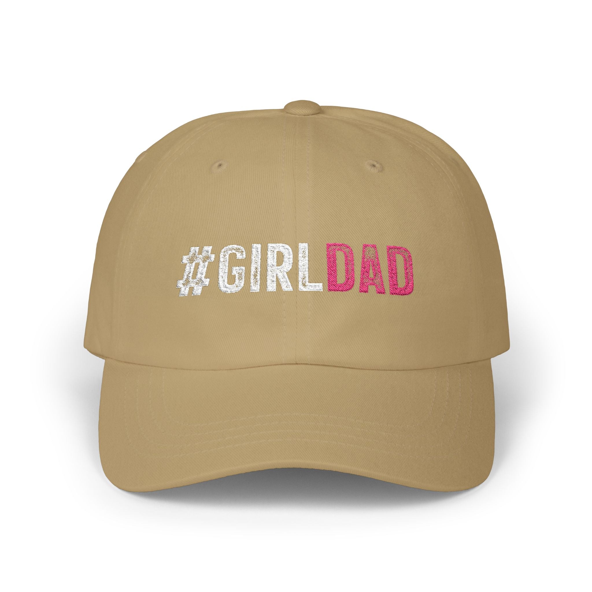 #GIRLDAD Embroidered Classic Dad Cap — Pink & White Distressed Hat for Proud Fathers
