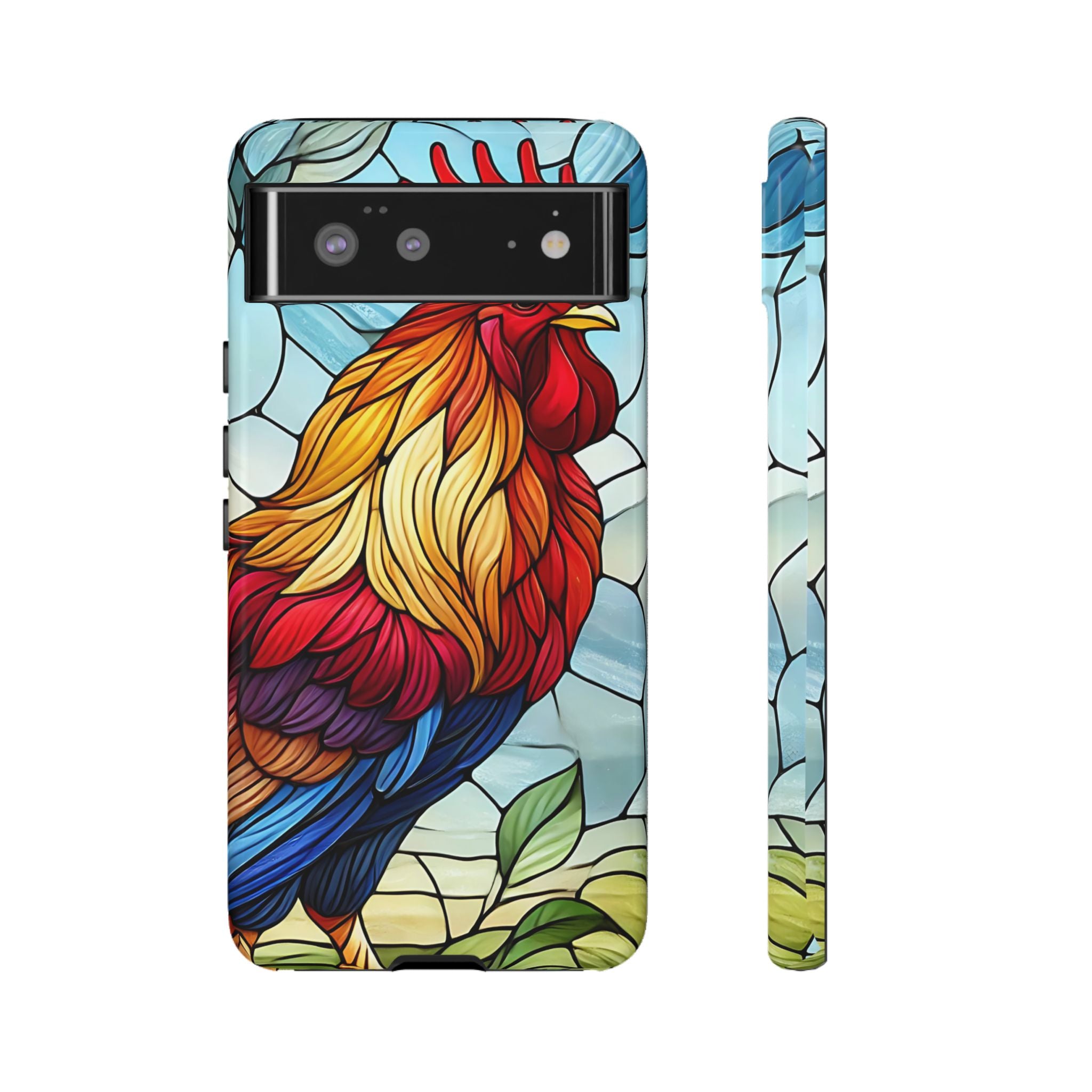 Rooster Faux Stained Glass Phone Case – 3D Full-Wrap Protective Cover with TPU Liner