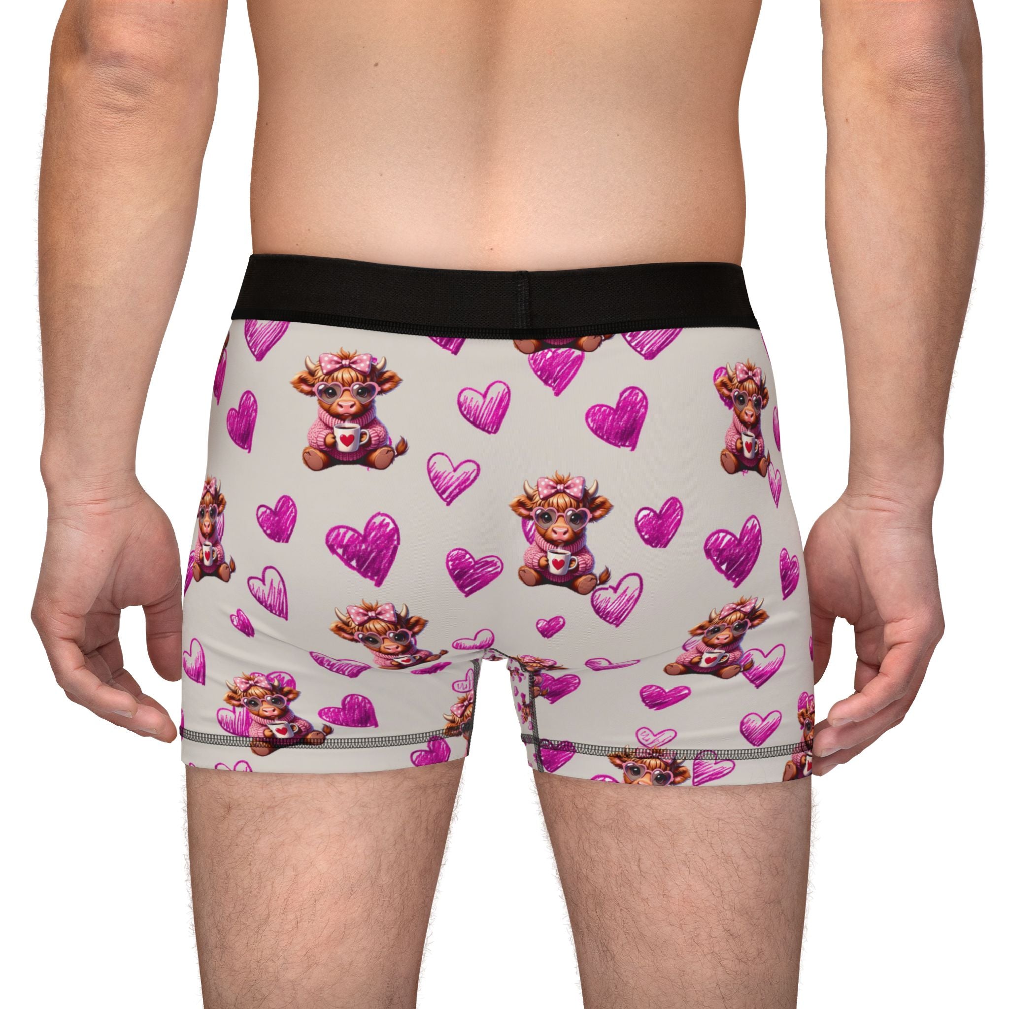 Highland Cow Pink Hearts Boxer Shorts, Valentines Mens Boxers Underwear