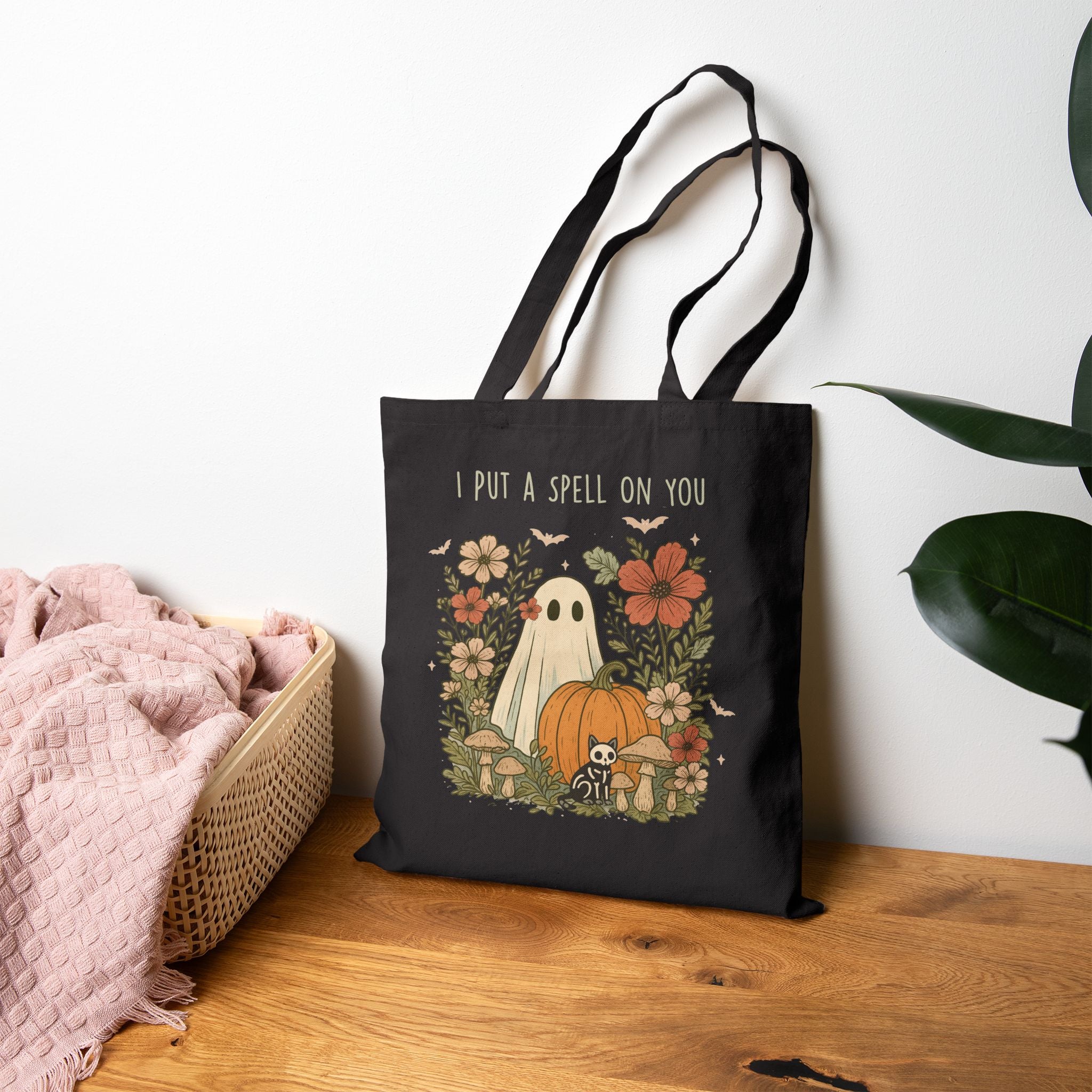 Floral Cottagecore Cotton Canvas Spooky Season Tote Bag,  Reusable Halloween Computer Bag, Cozy Fall Themed Teacher Gift, Trick-or-treat bag