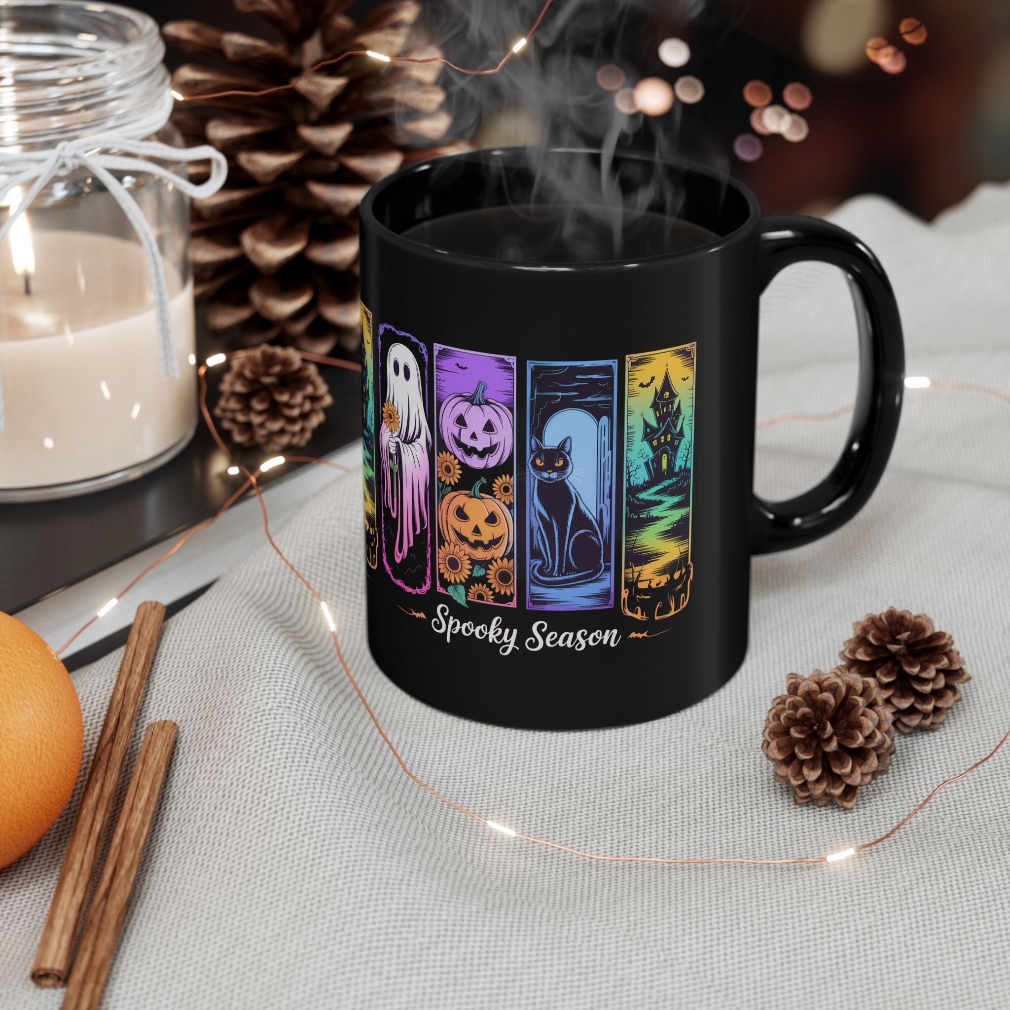 Black Brush Stroke Halloween Coffee Mug, Spooky Season Ghost Coffee Cup