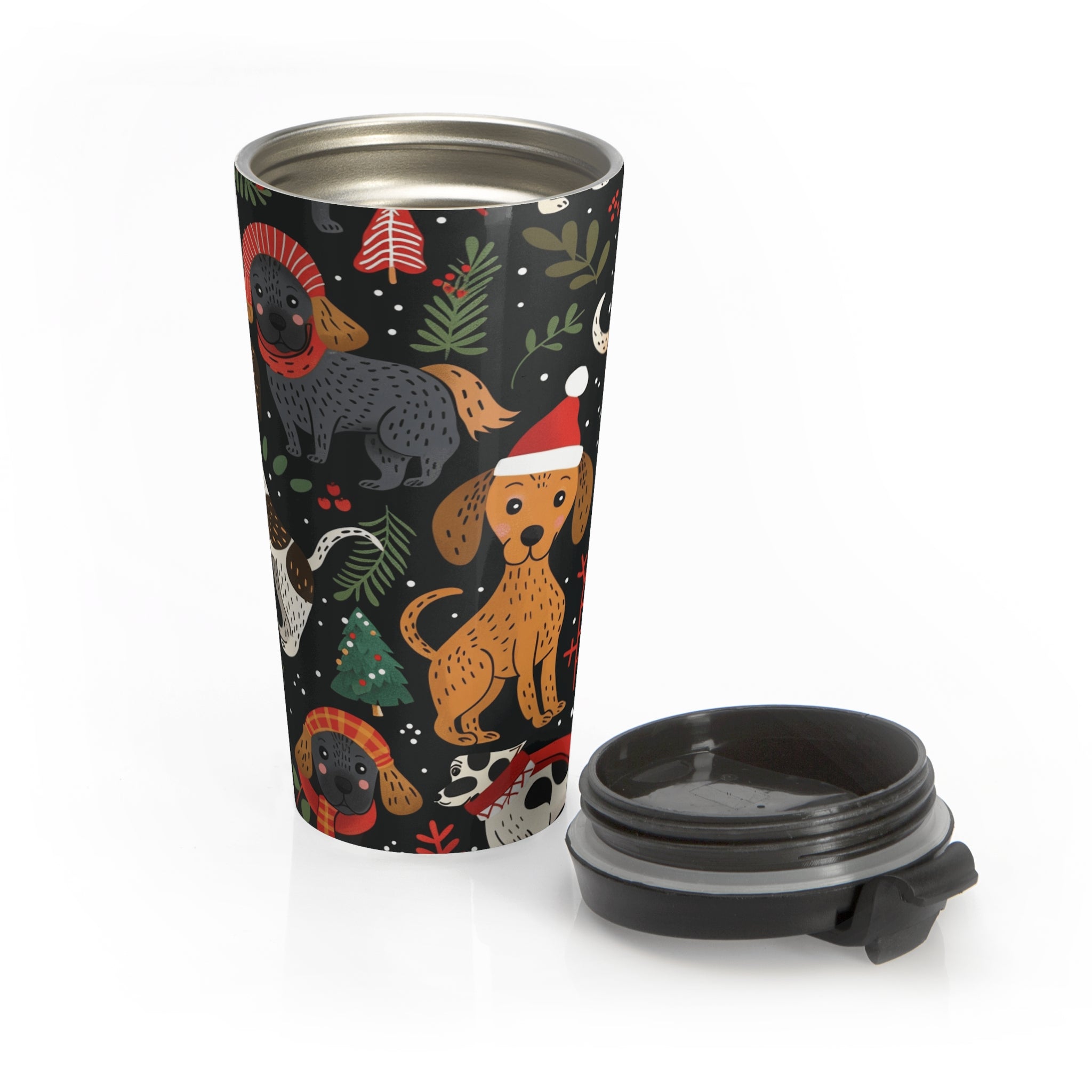Holiday Dogs Stainless Steel Travel Mug — Cute Christmas Puppy Pattern