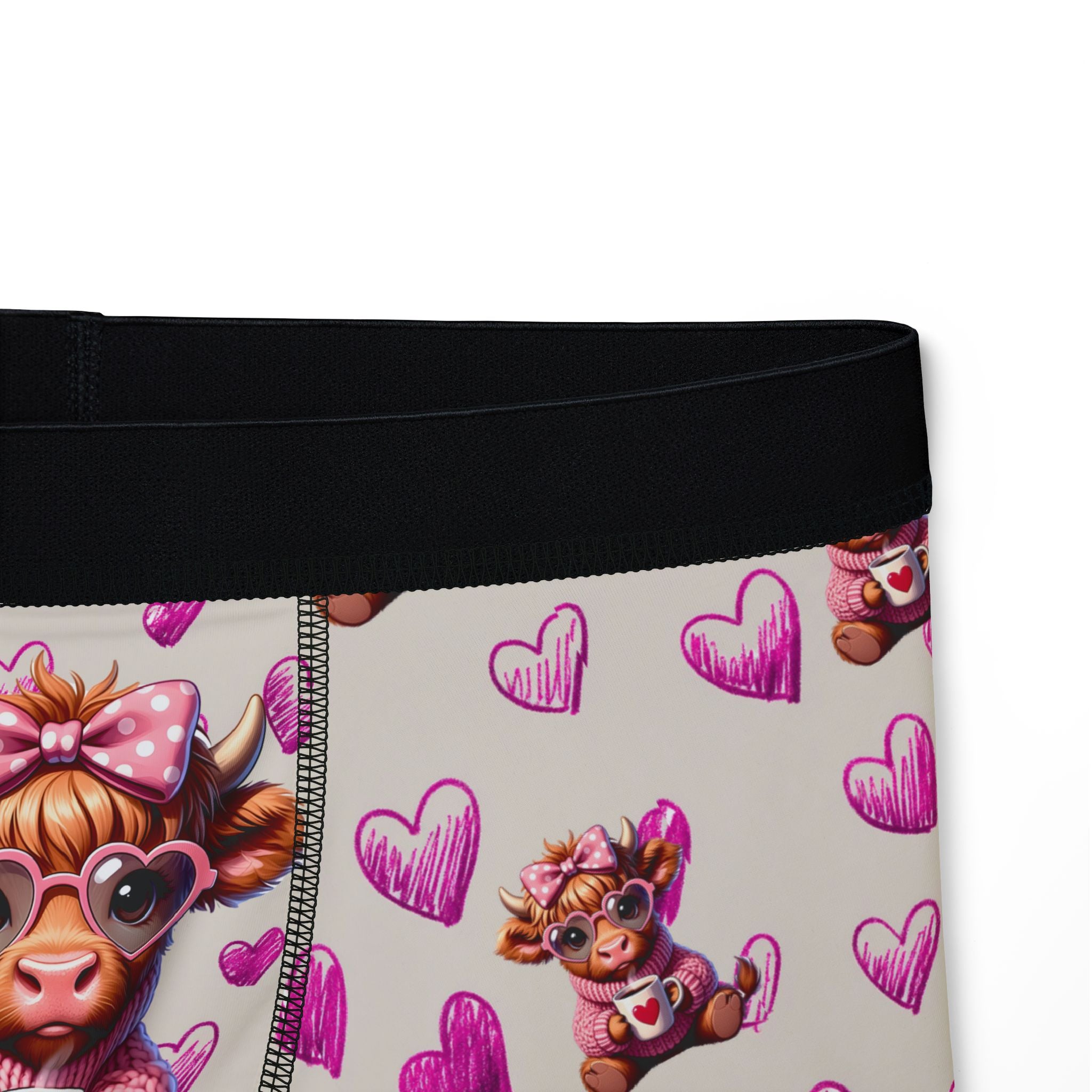 Highland Cow Pink Hearts Boxer Shorts, Valentines Mens Boxers Underwear