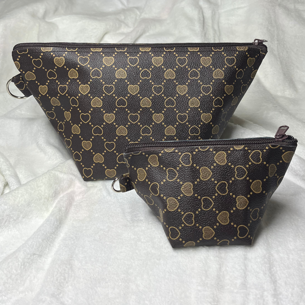 Faux Leather Heart Brown Print Zipper Bag Set – Travel Cosmetic Pouches & Makeup Organizer