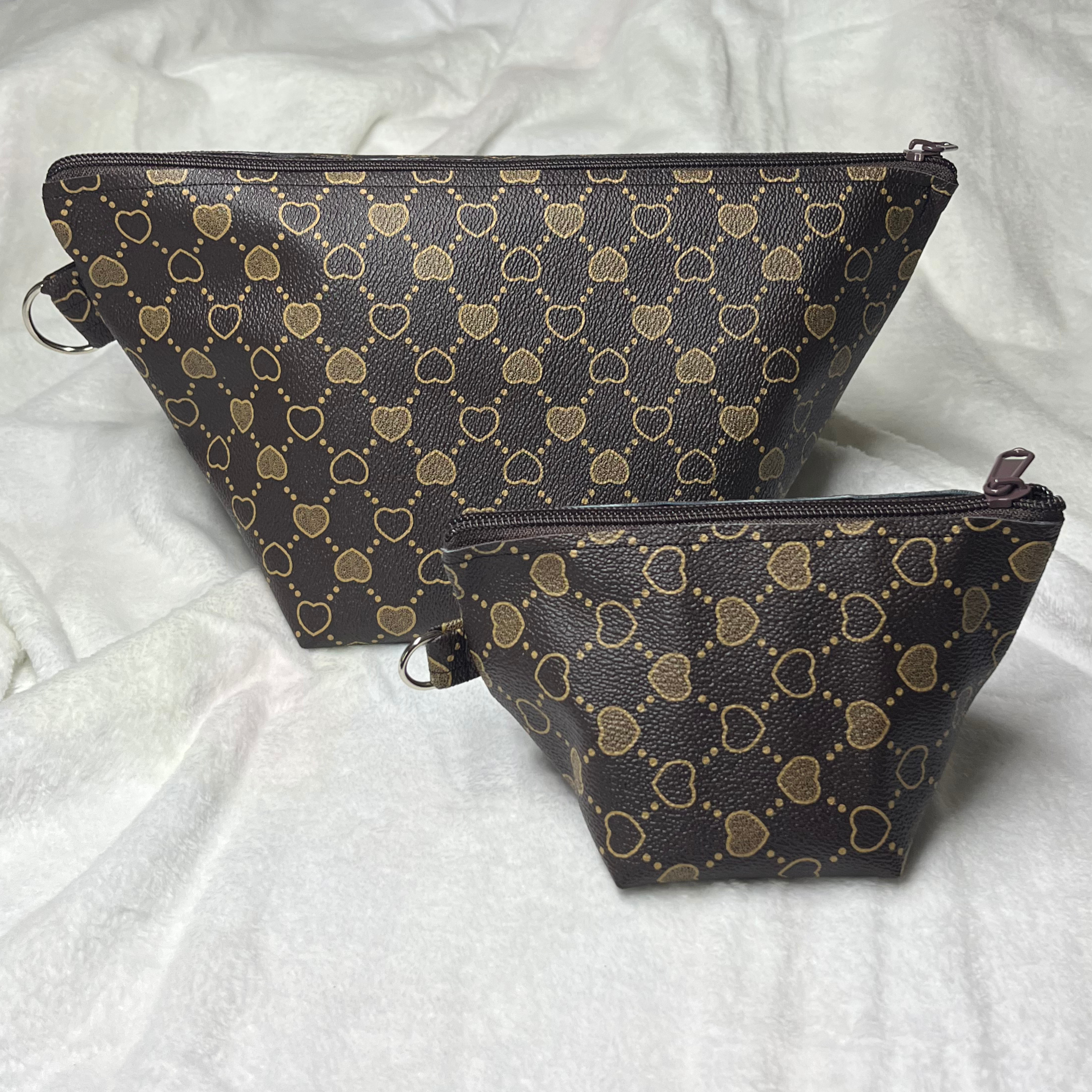 Faux Leather Heart Brown Print Zipper Bag Set – Travel Cosmetic Pouches & Makeup Organizer