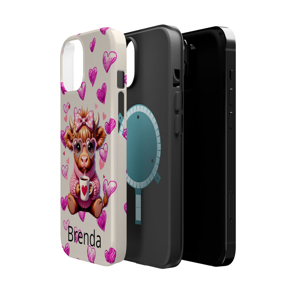 Highland Cow With Pink Hearts iPhone Case, Valentines Magnetic Impact-Resistant Case