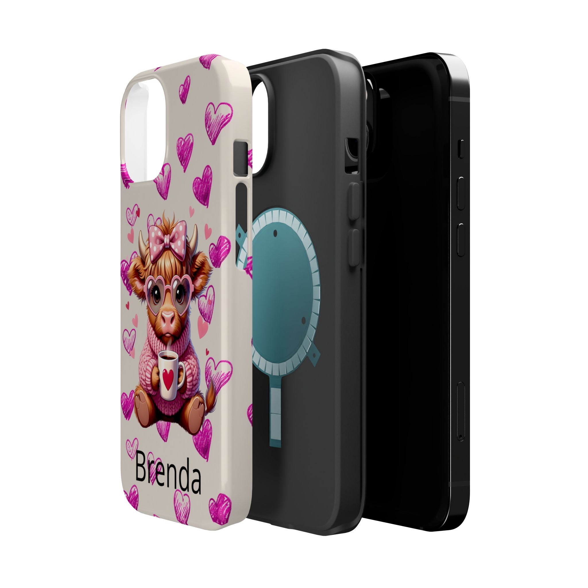 Highland Cow With Pink Hearts iPhone Case, Valentines Magnetic Impact-Resistant Case