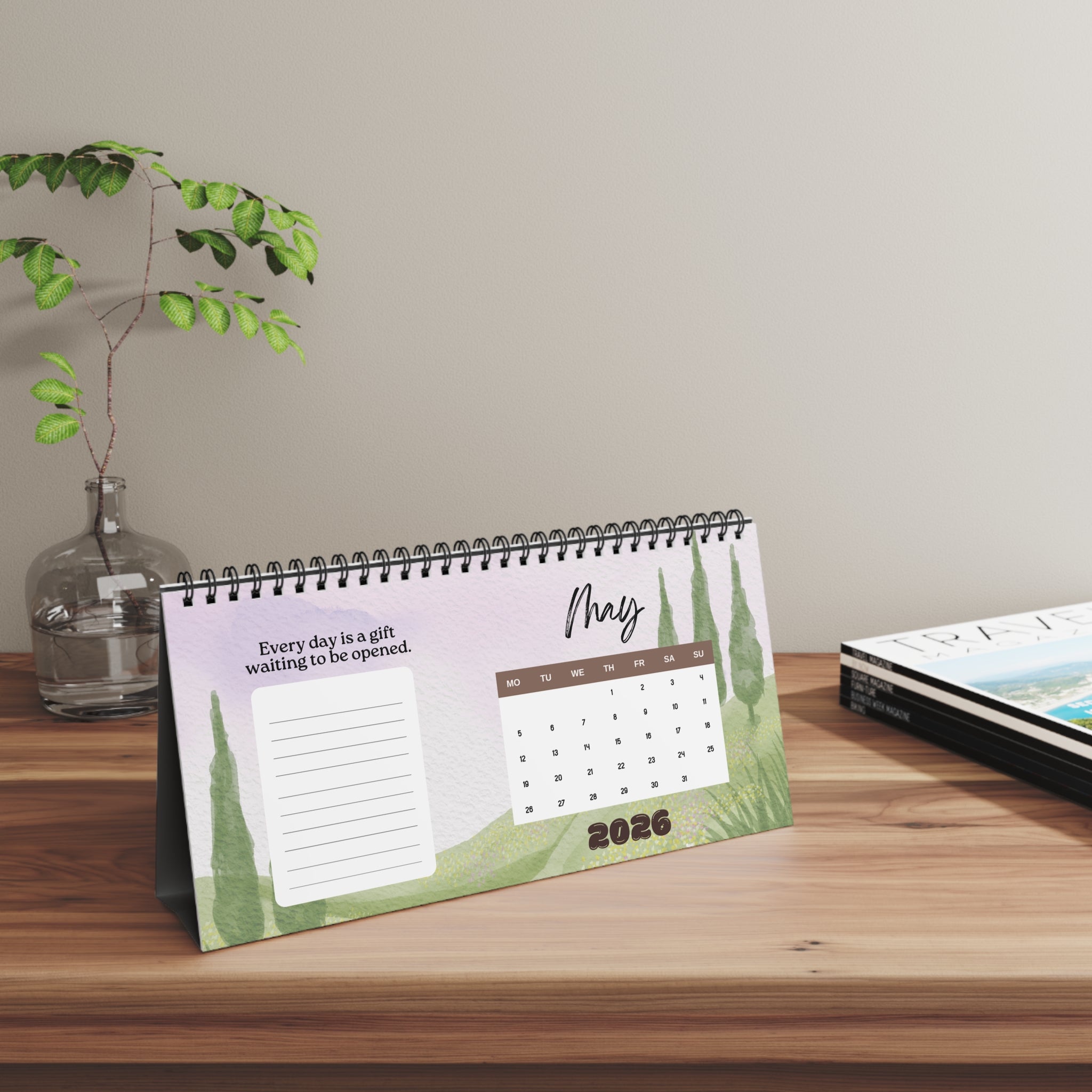 2026 Feeling Grateful Watercolor Landscape Desktop Calendar