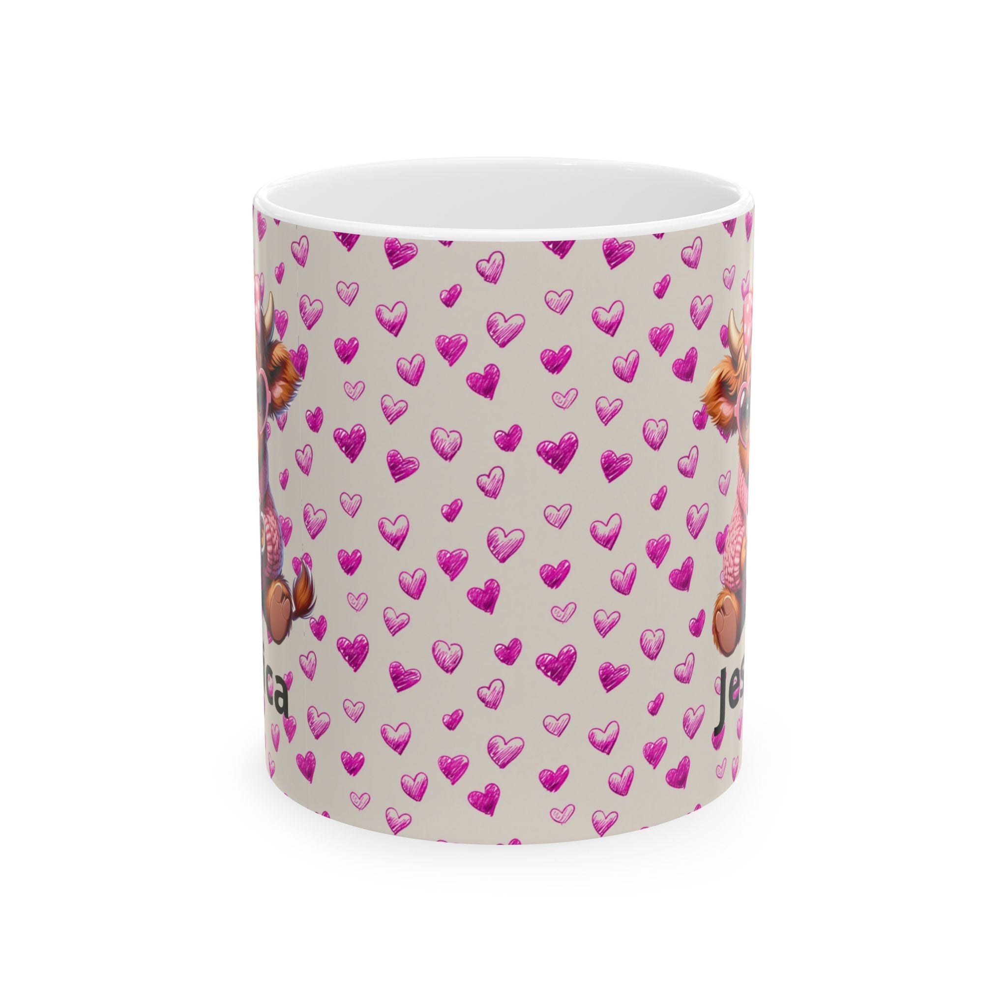 Custom Highland Cow With Pink Hearts Mug, Personalized Valentine Ceramic Coffee Cup