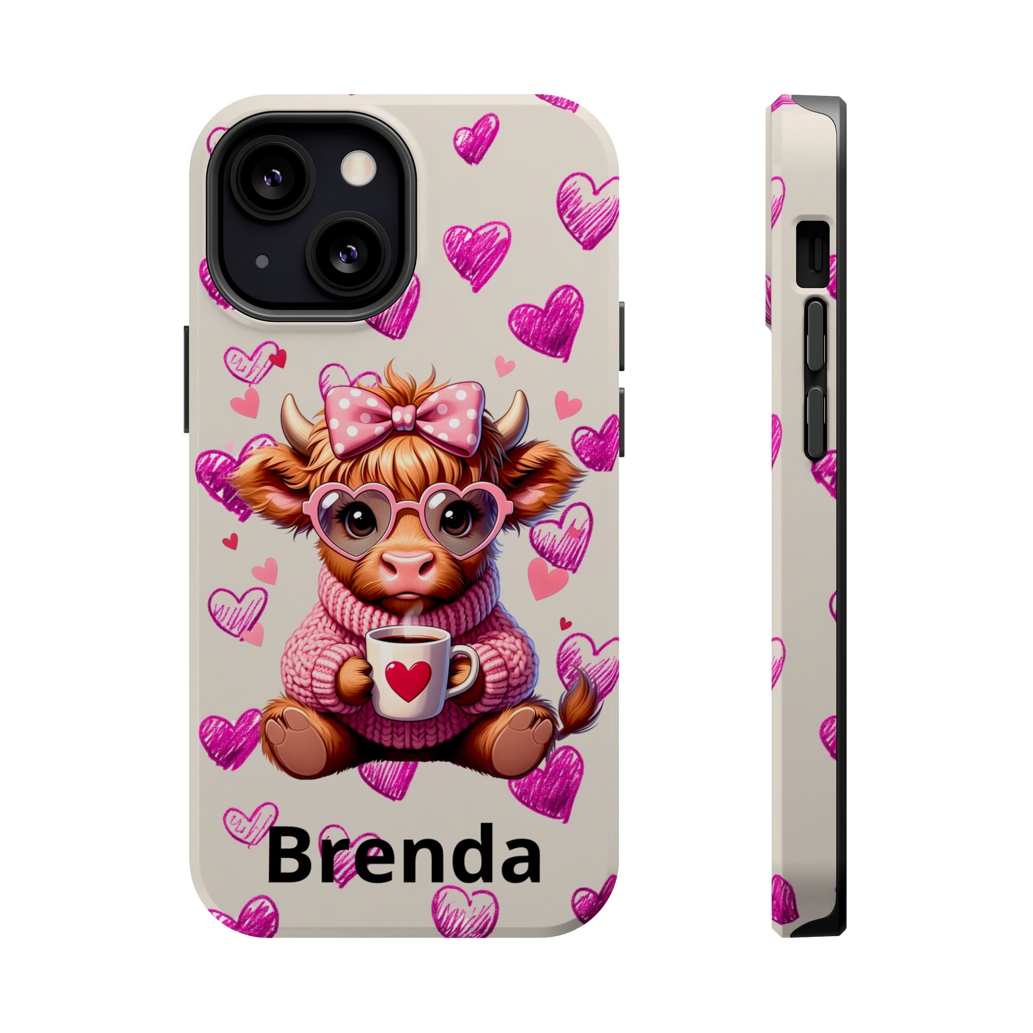 Highland Cow With Pink Hearts iPhone Case, Valentines Magnetic Impact-Resistant Case