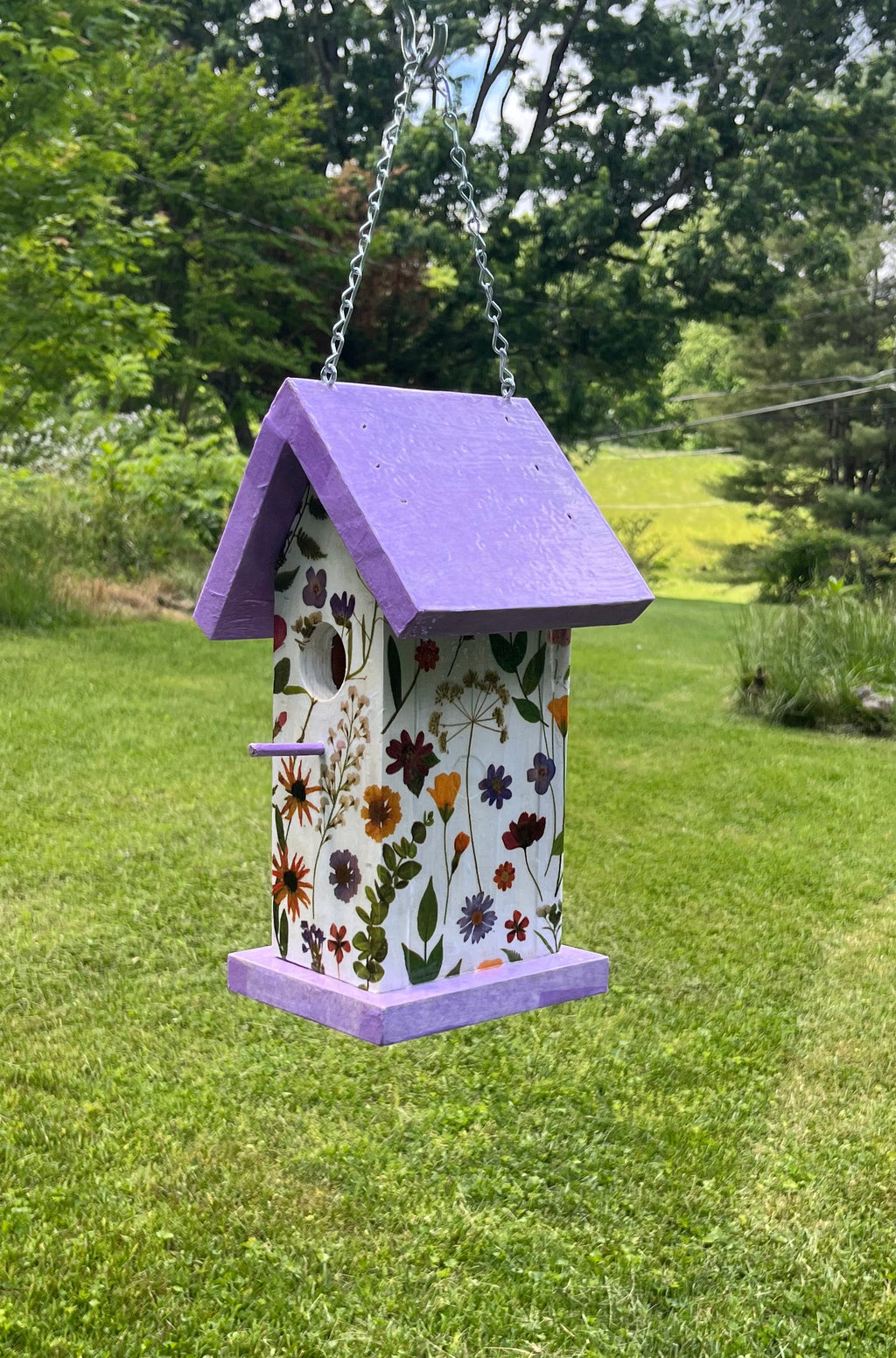 Handmade Purple Wildflower Wooden Birdhouse