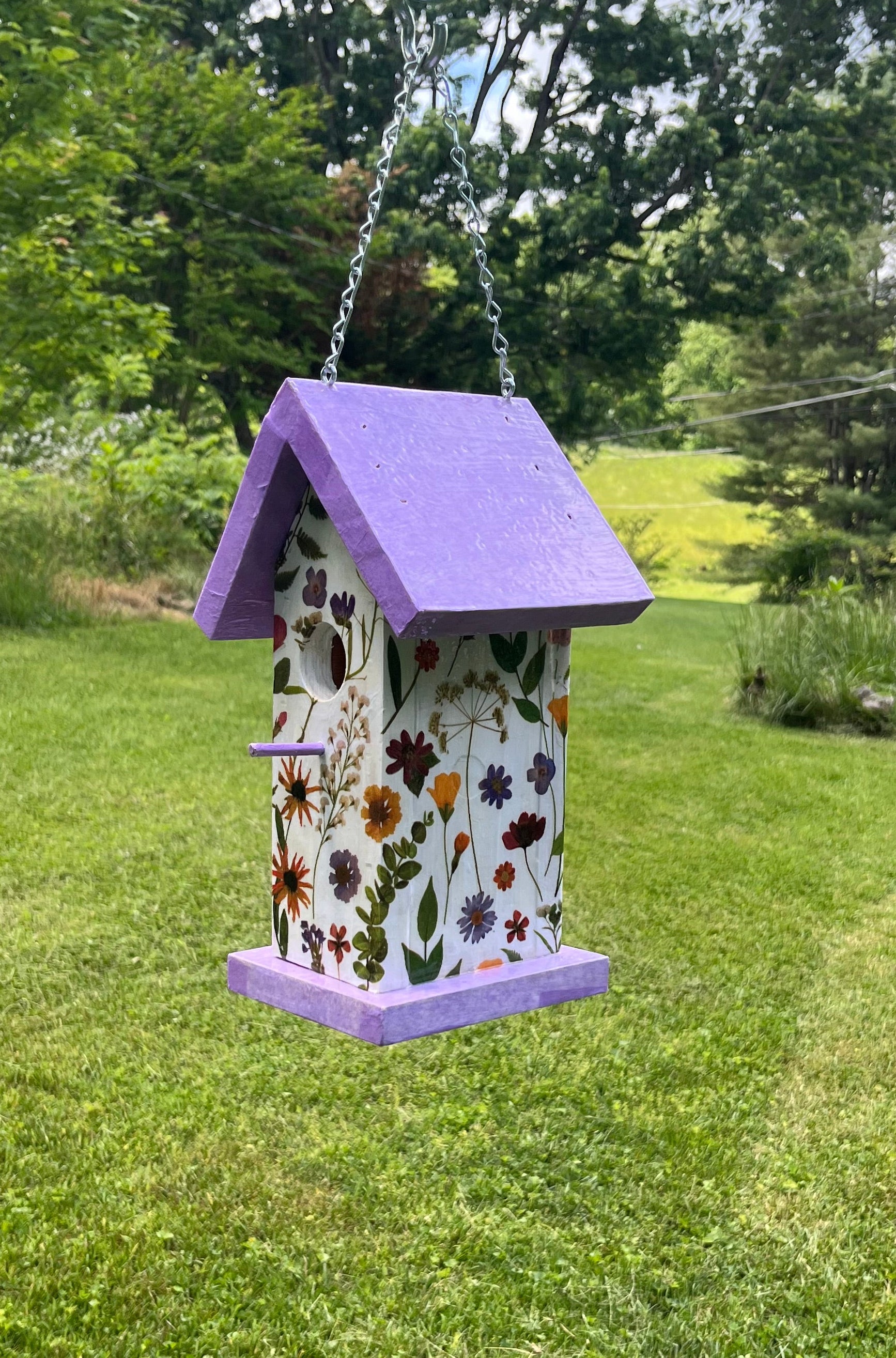 Handmade Purple Wildflower Wooden Birdhouse